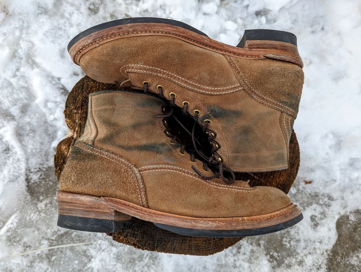 Photo by timelesstough on January 2, 2023 of the John Lofgren Donkey Puncher Boots in Horween Natural Chromexcel Roughout.