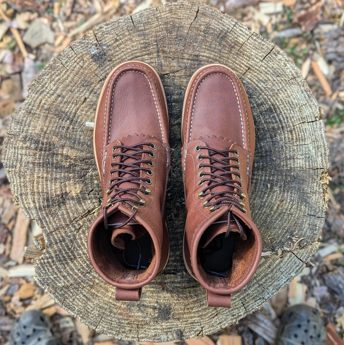 Photo by towcars on October 1, 2024 of the Russell Moccasin Co. Backcountry in Walnut Timberjack.