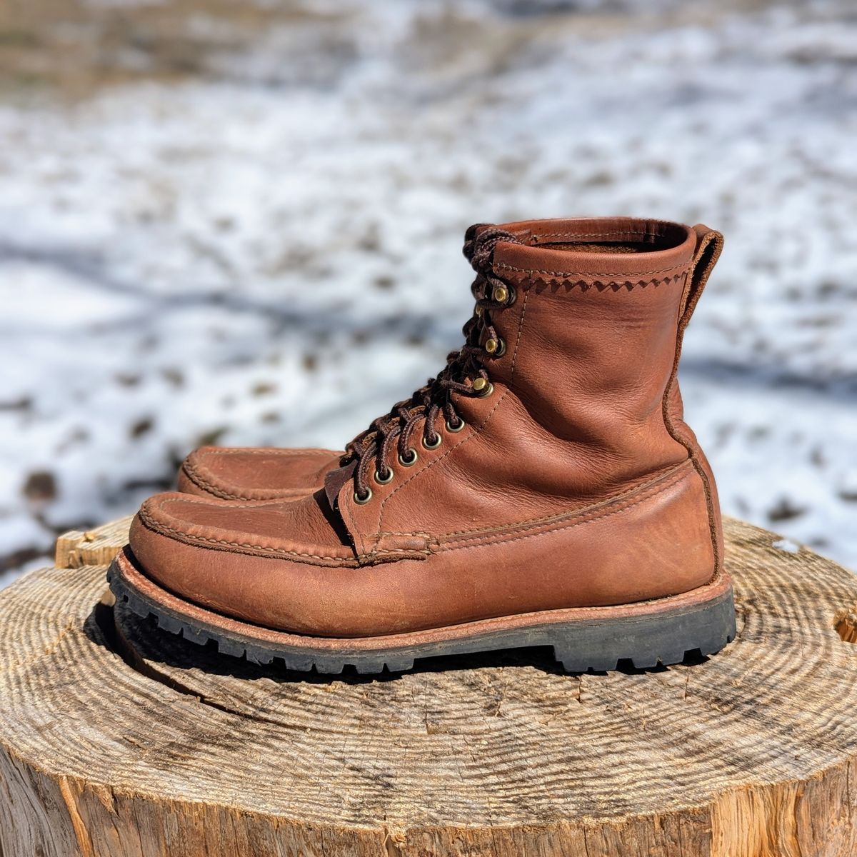 Photo by towcars on April 1, 2025 of the Russell Moccasin Co. Backcountry in Walnut Timberjack.