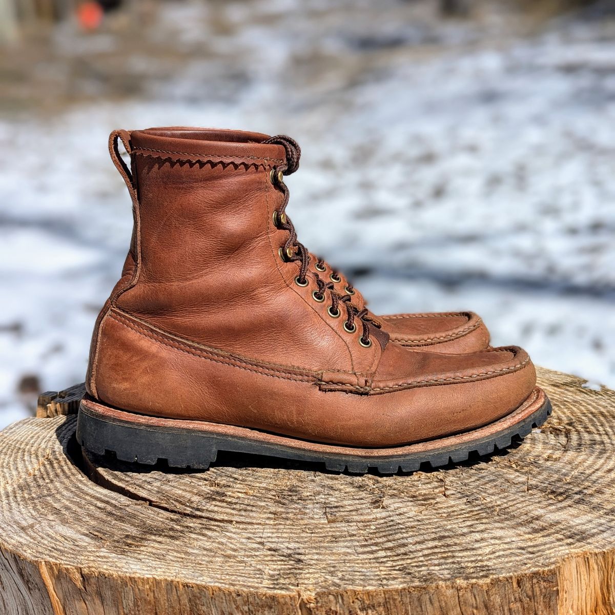 Photo by towcars on April 1, 2025 of the Russell Moccasin Co. Backcountry in Walnut Timberjack.