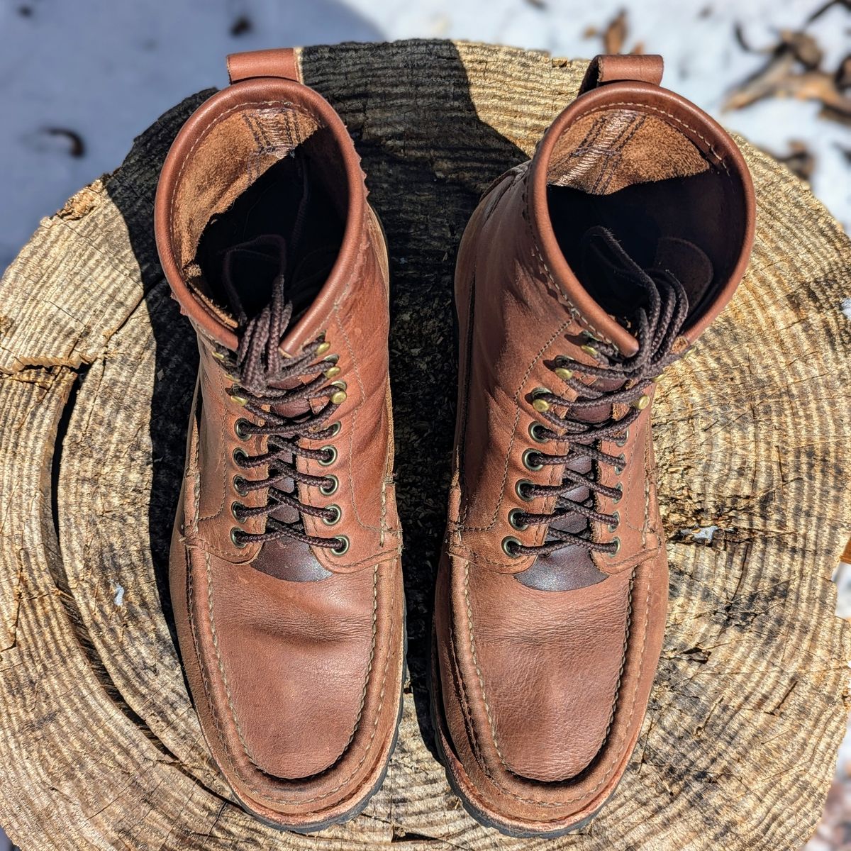 Photo by towcars on April 1, 2025 of the Russell Moccasin Co. Backcountry in Walnut Timberjack.