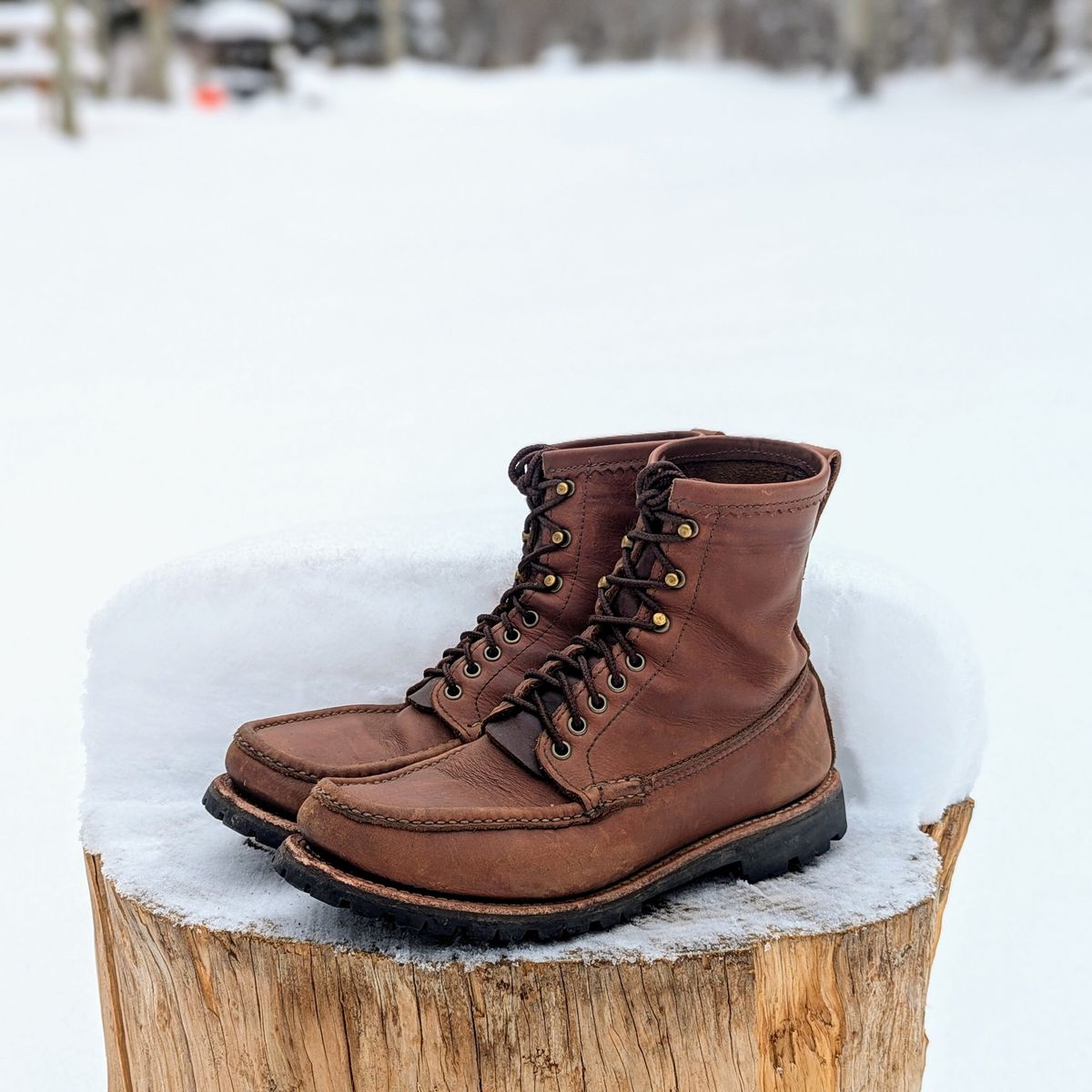 Photo by towcars on April 5, 2025 of the Russell Moccasin Co. Backcountry in Walnut Timberjack.
