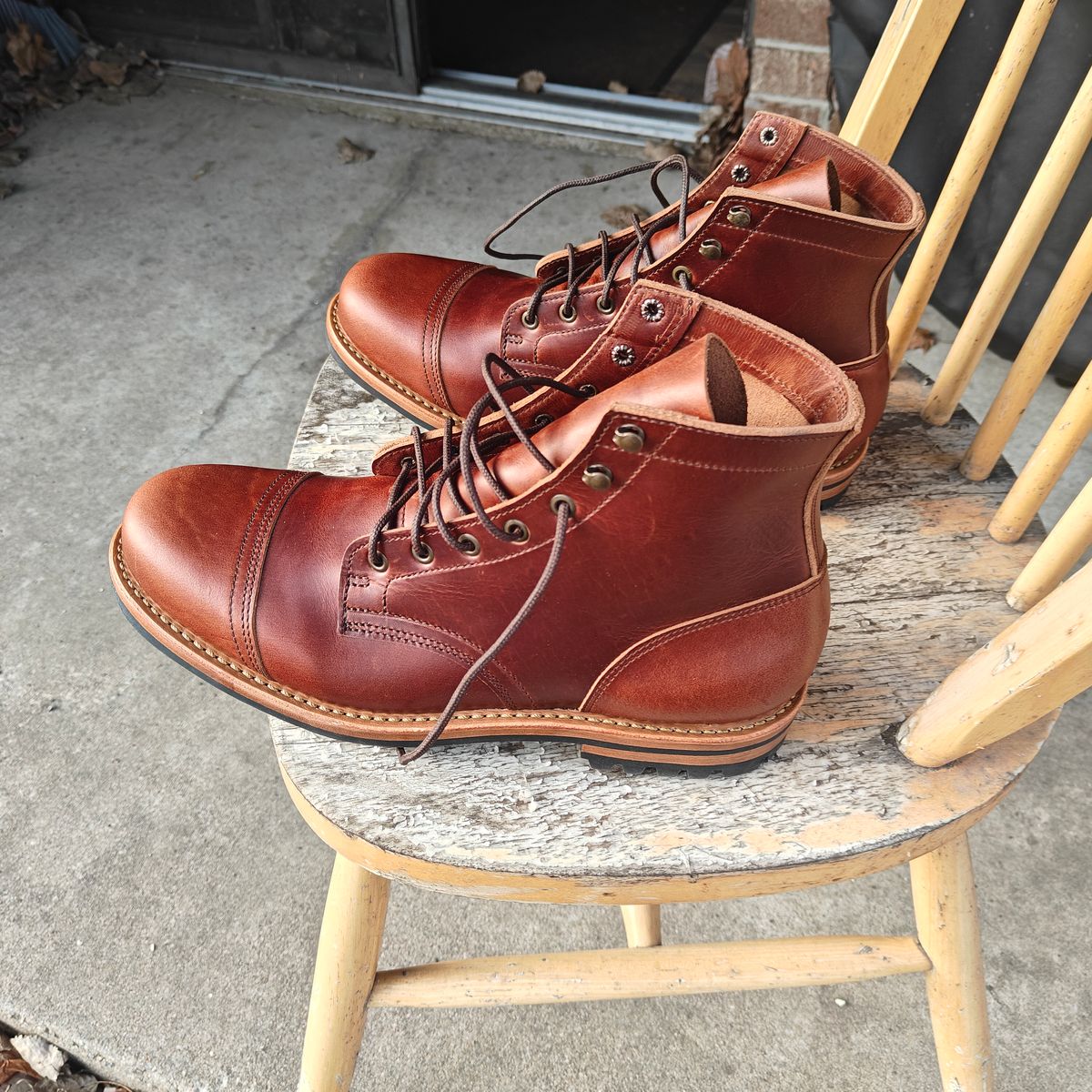 Photo by x_leatherface_stitch_x on March 12, 2026 of the Truman Cap Toe Boot in Seidel Redwood Double Shot.