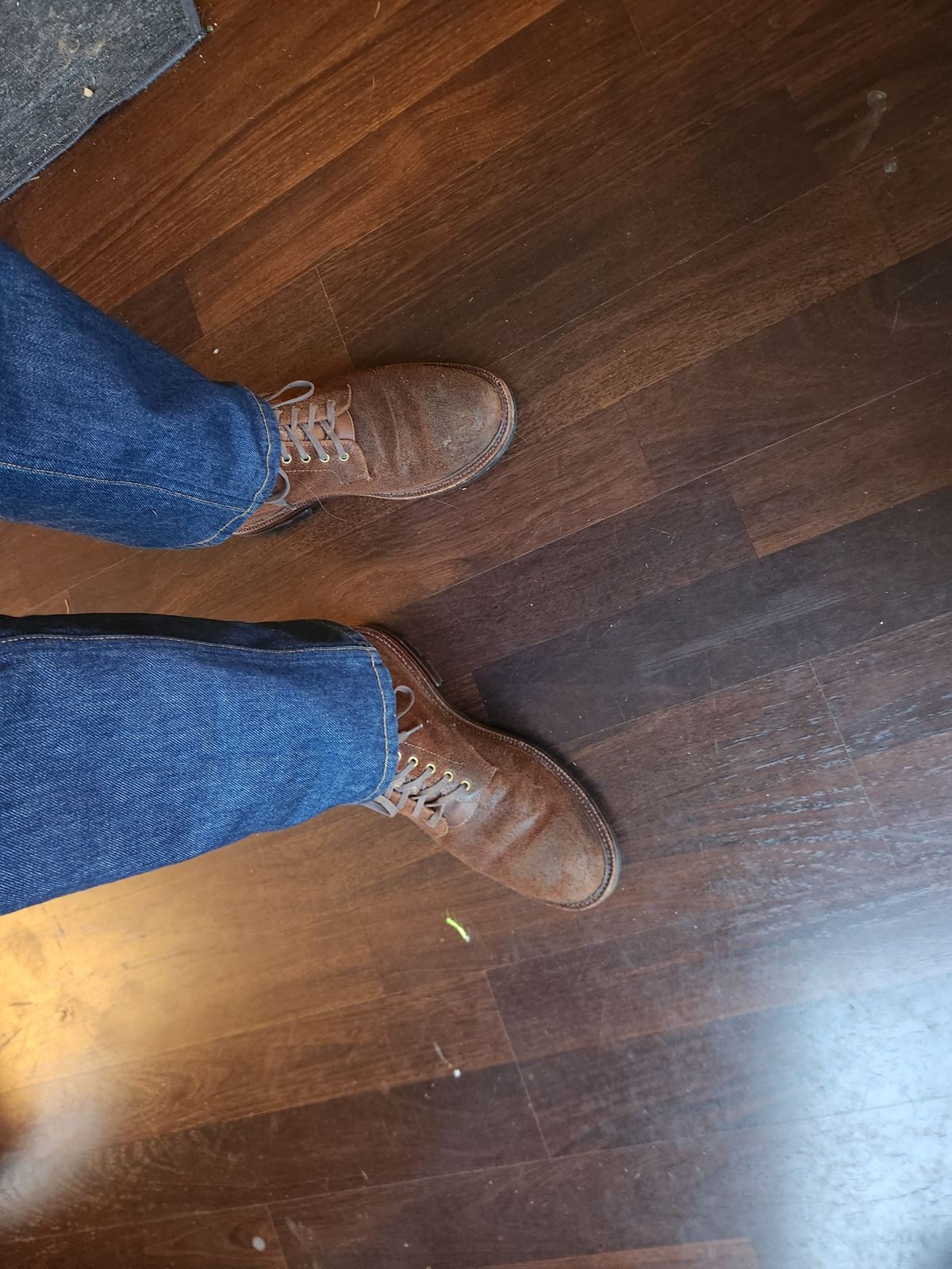Photo by Tieric on May 3, 2025 of the Grant Stone Edward Boot in C.F. Stead Dark Oak Roughout.