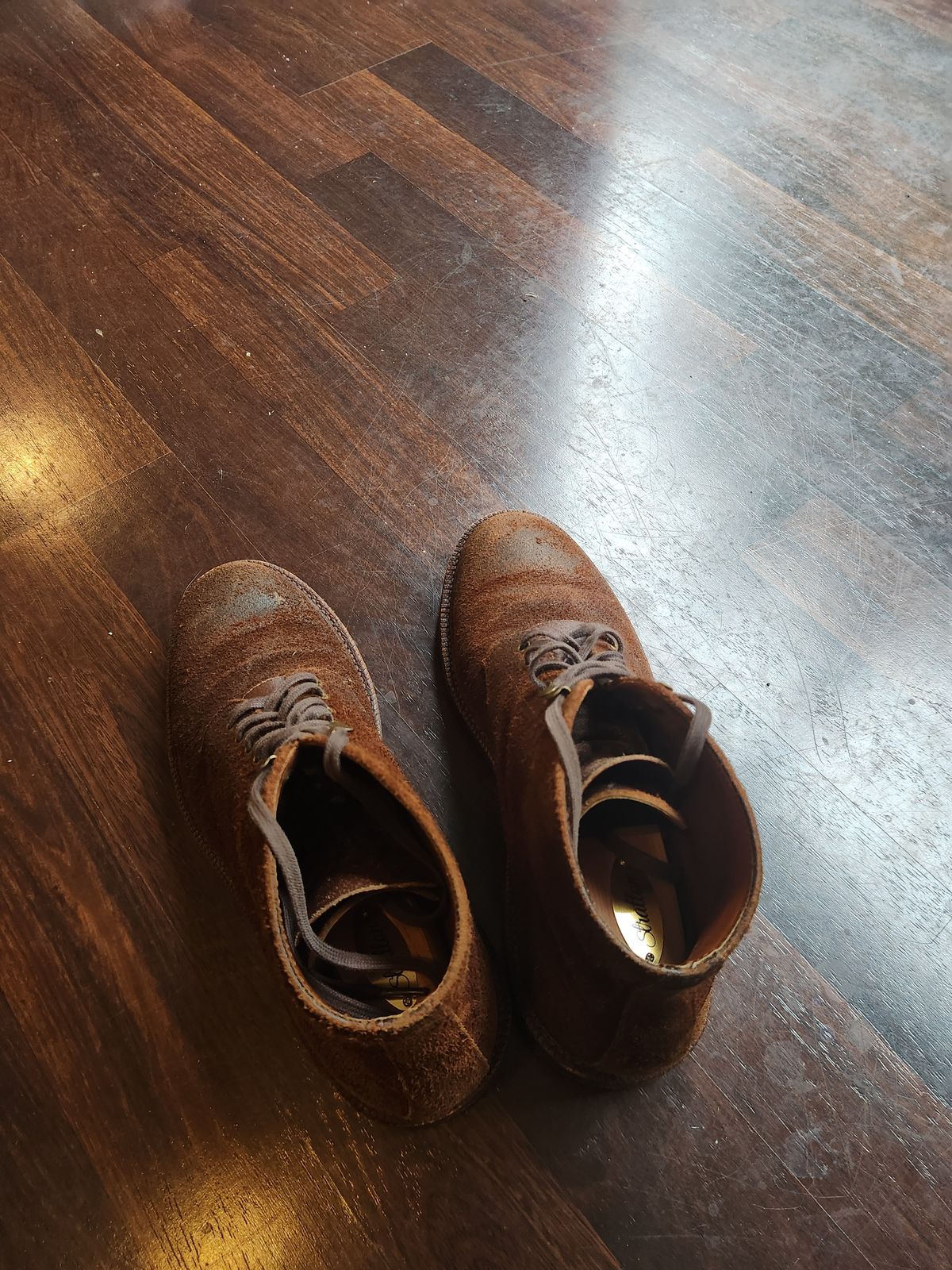 Photo by Tieric on June 21, 2025 of the Grant Stone Edward Boot in C.F. Stead Dark Oak Roughout.