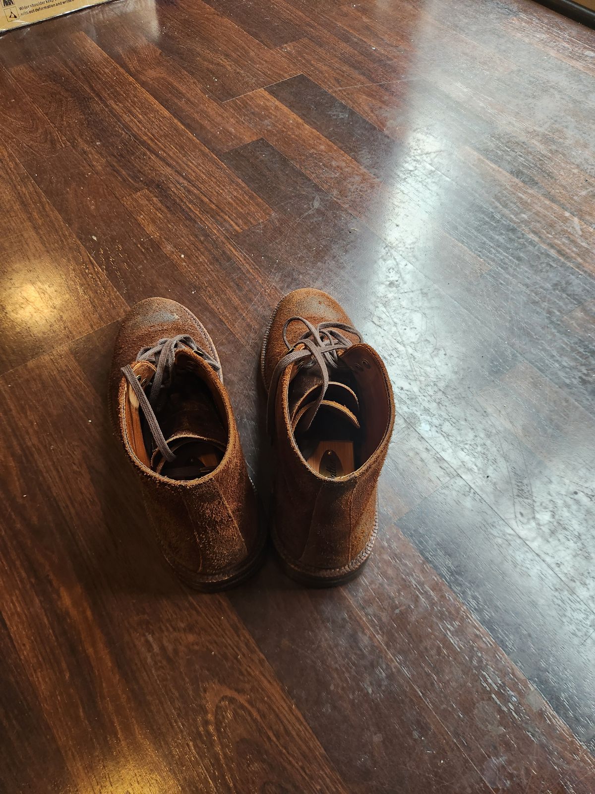 Photo by Tieric on June 21, 2025 of the Grant Stone Edward Boot in C.F. Stead Dark Oak Roughout.