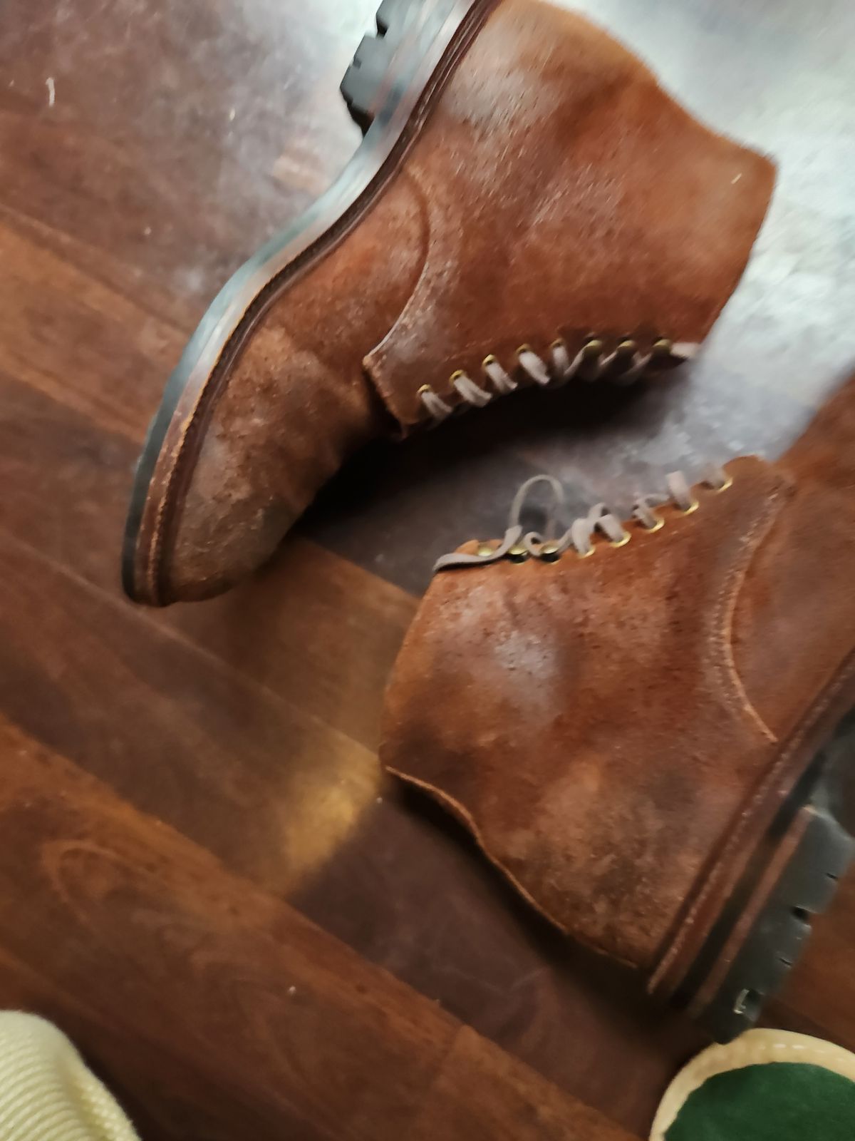 Photo by Tieric on June 21, 2025 of the Grant Stone Edward Boot in C.F. Stead Dark Oak Roughout.