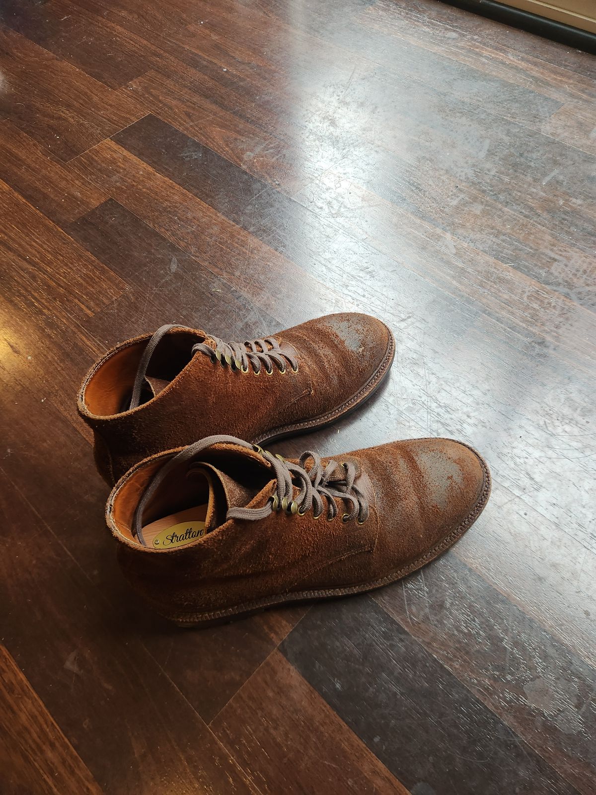 Photo by Tieric on June 21, 2025 of the Grant Stone Edward Boot in C.F. Stead Dark Oak Roughout.