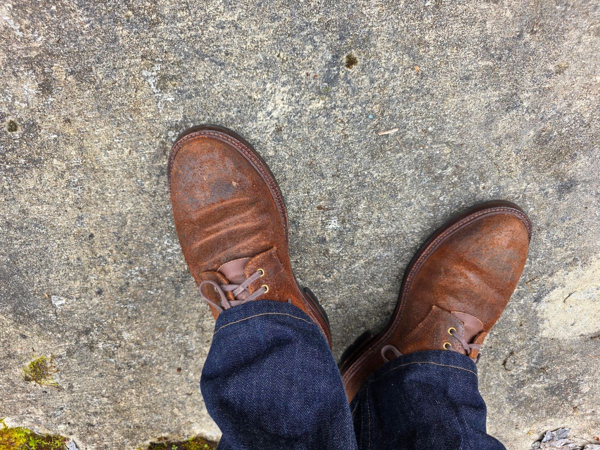 Photo by Tieric on March 29, 2026 of the Grant Stone Edward Boot in C.F. Stead Dark Oak Roughout.