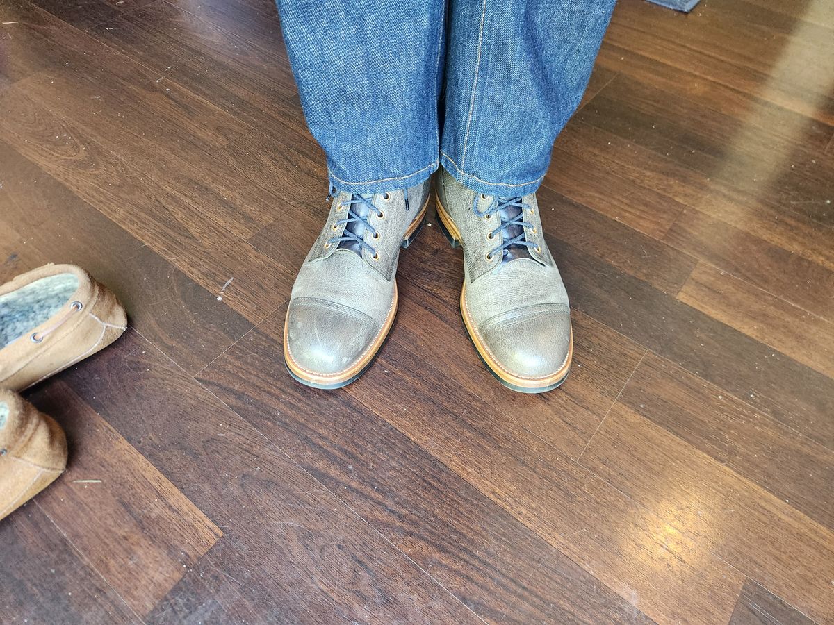 Photo by Tieric on May 1, 2025 of the Iron Boots The Chosen One in C.F. Stead Storm Waxed Kudu.