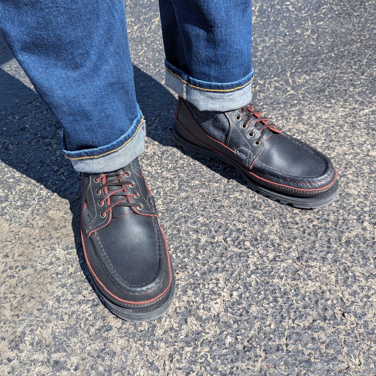 Photo by habibiboots7 on March 28, 2026 of the Russell Moccasin Co. Blood Hunters in Rose Anvil x Seidel Blood Core & Naked & Famous Red Core Denim.