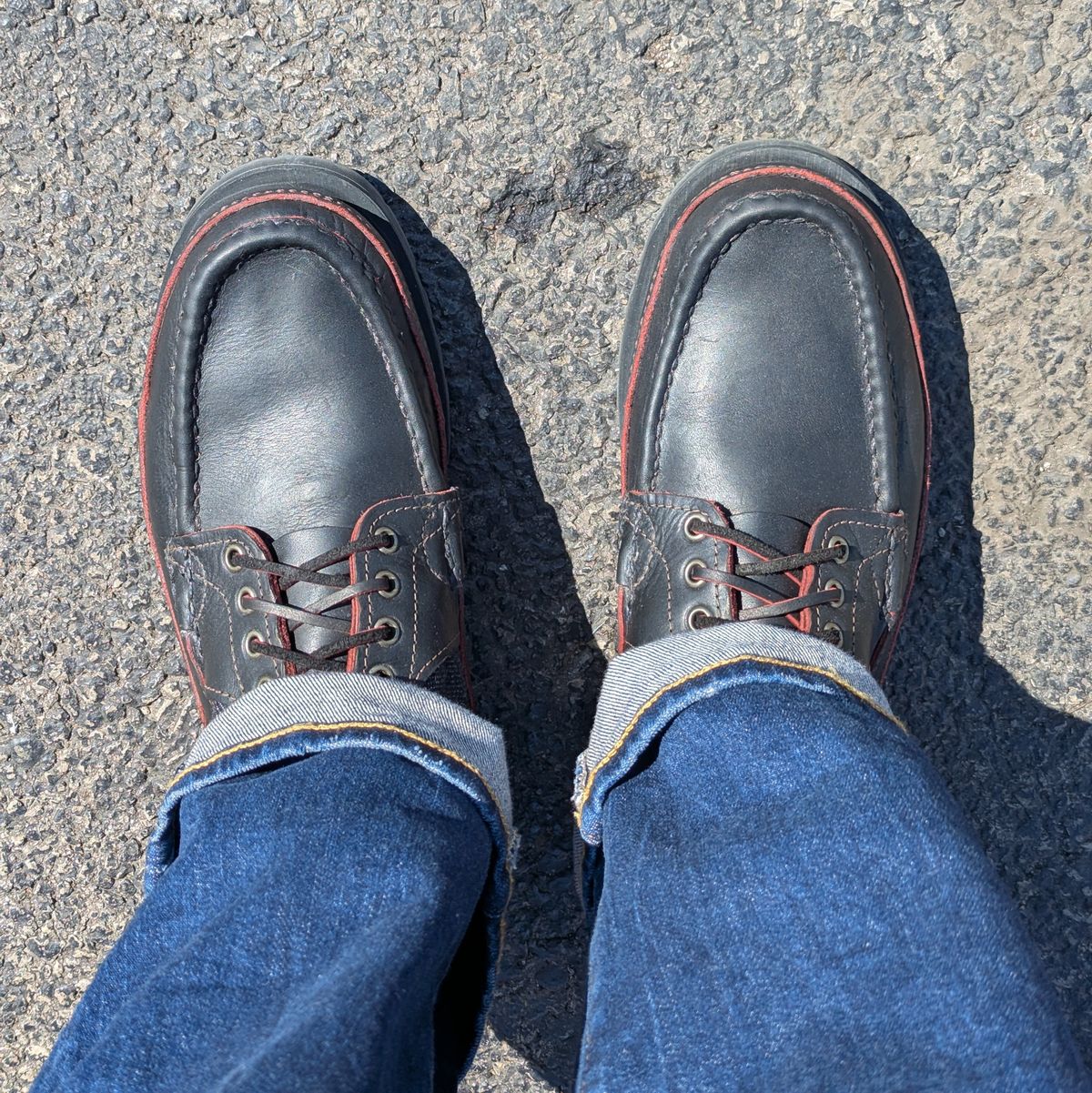 Photo by habibiboots7 on March 28, 2026 of the Russell Moccasin Co. Blood Hunters in Rose Anvil x Seidel Blood Core & Naked & Famous Red Core Denim.