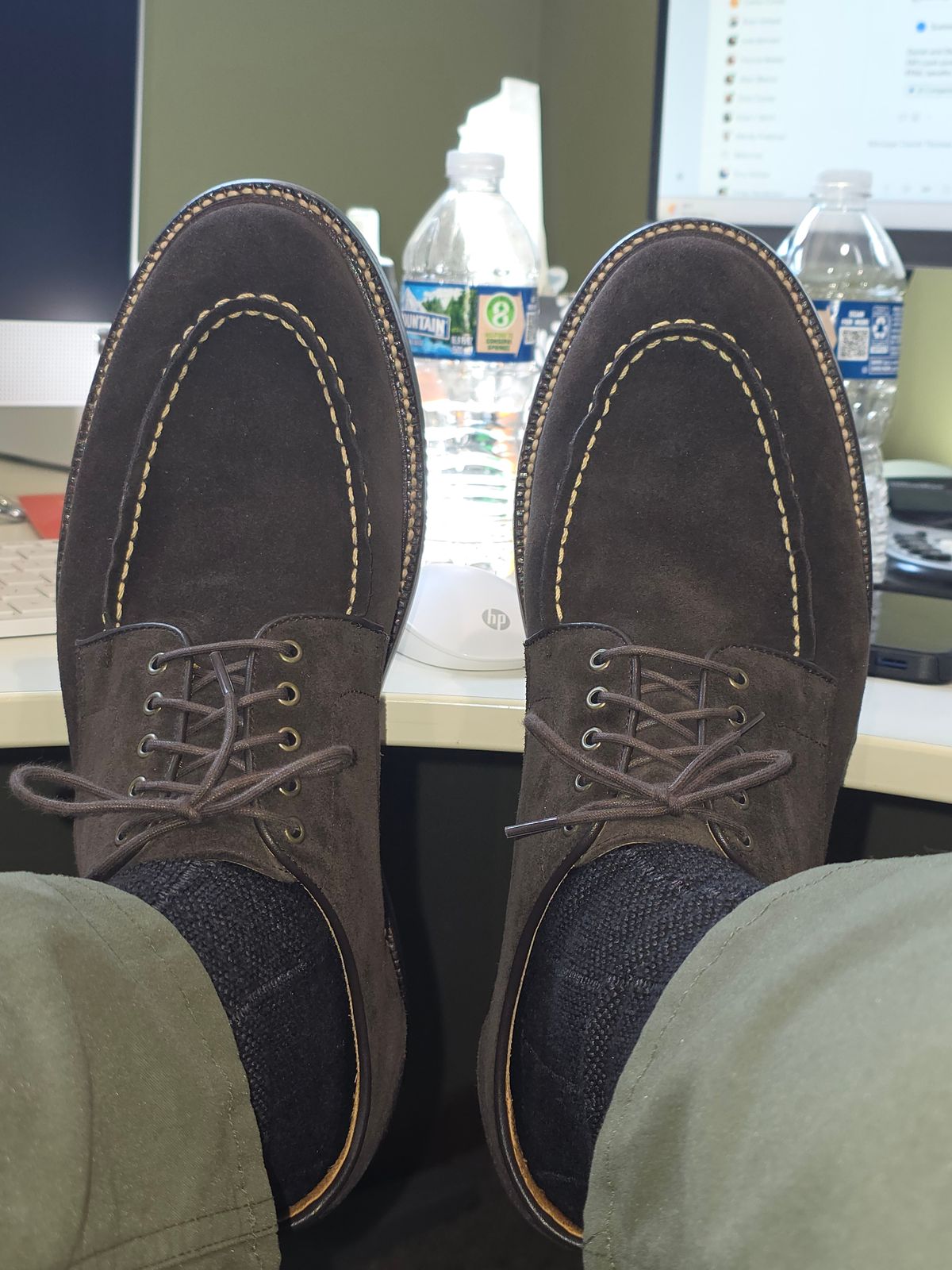 Photo by wizaxed on April 9, 2026 of the Grant Stone Moc Toe Derby in C.F. Stead Espresso Repello Calf Suede.