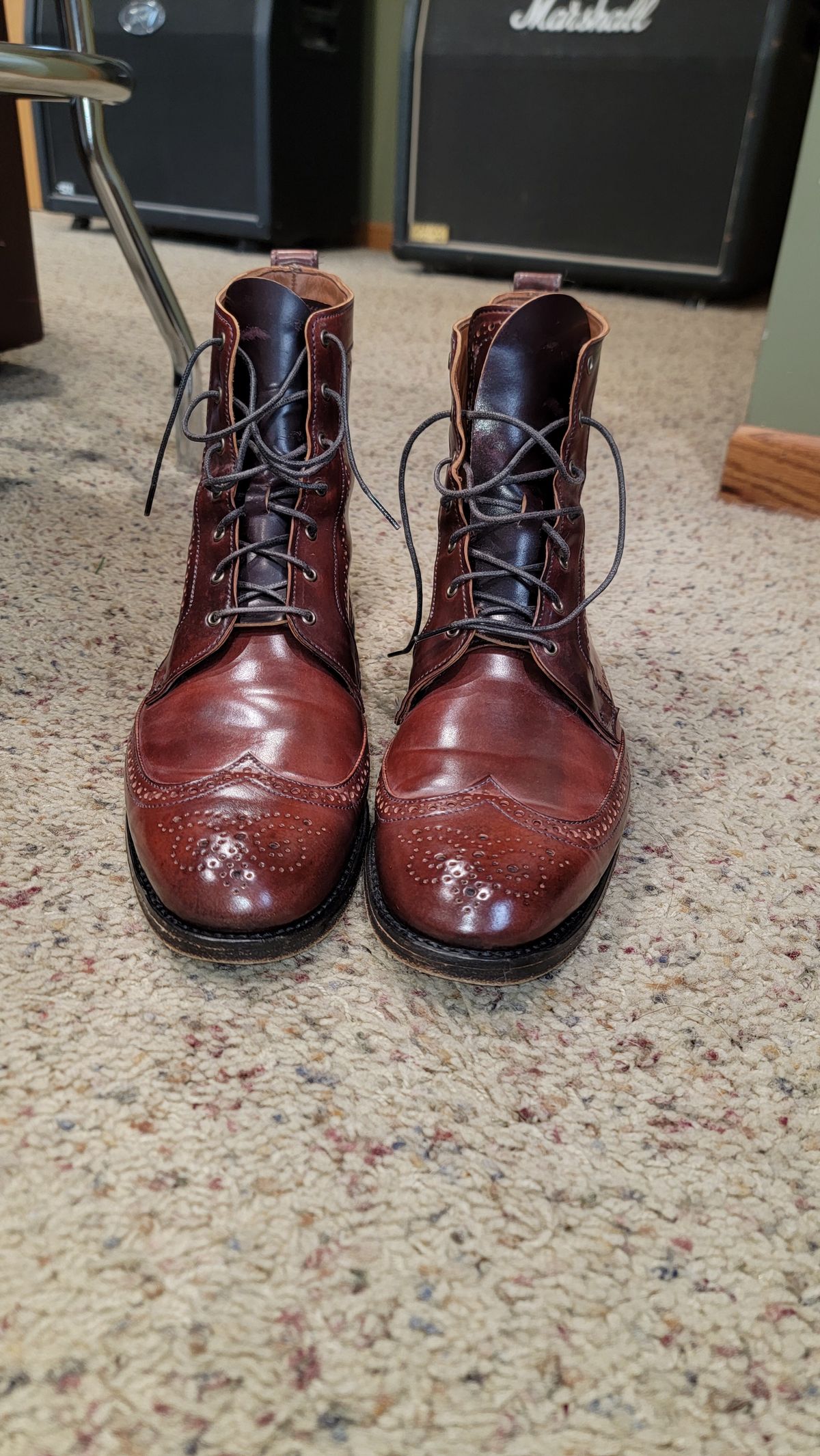 Photo by wizaxed on November 29, 2024 of the Allen Edmonds Dalton Wingtip Dress Boot in Horween Color 8 Shell Cordovan.