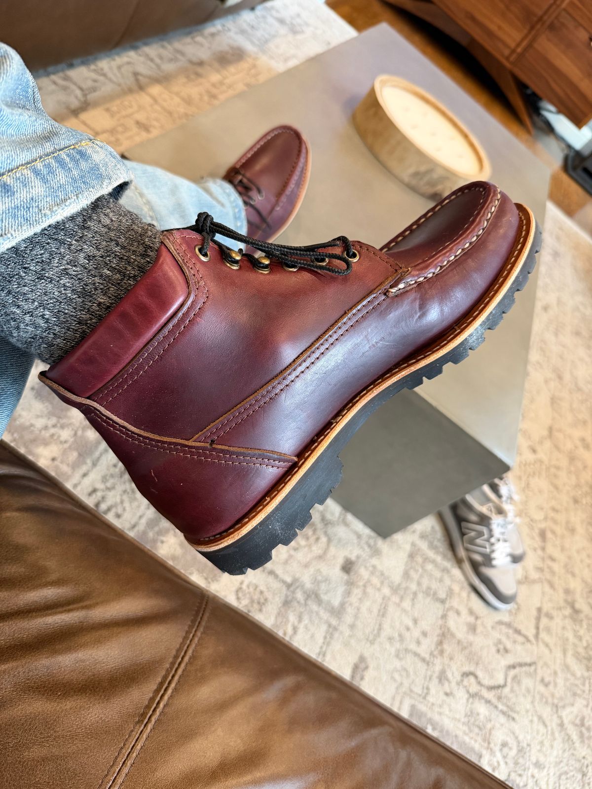 Photo by Stroker636 on December 20, 2025 of the Russell Moccasin x Iron Snail Premier Chukka in Horween Burgundy Chromexcel.