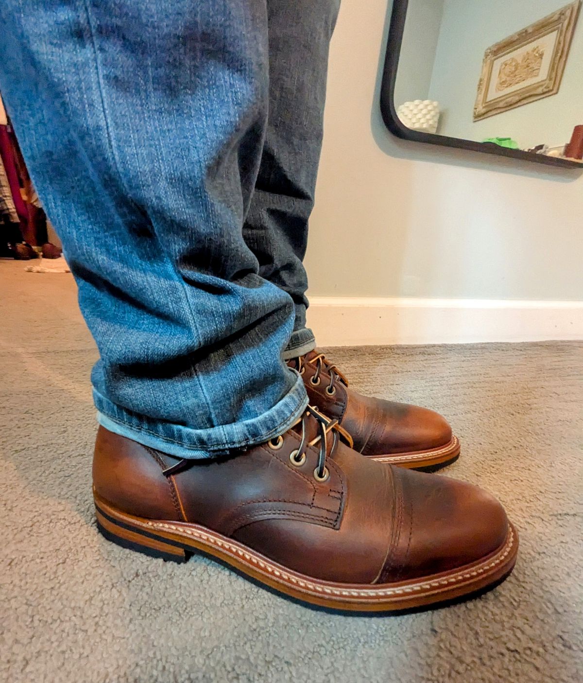 Photo by crich on May 28, 2025 of the Truman Cap Toe Boot in Tobacco Snakebite.