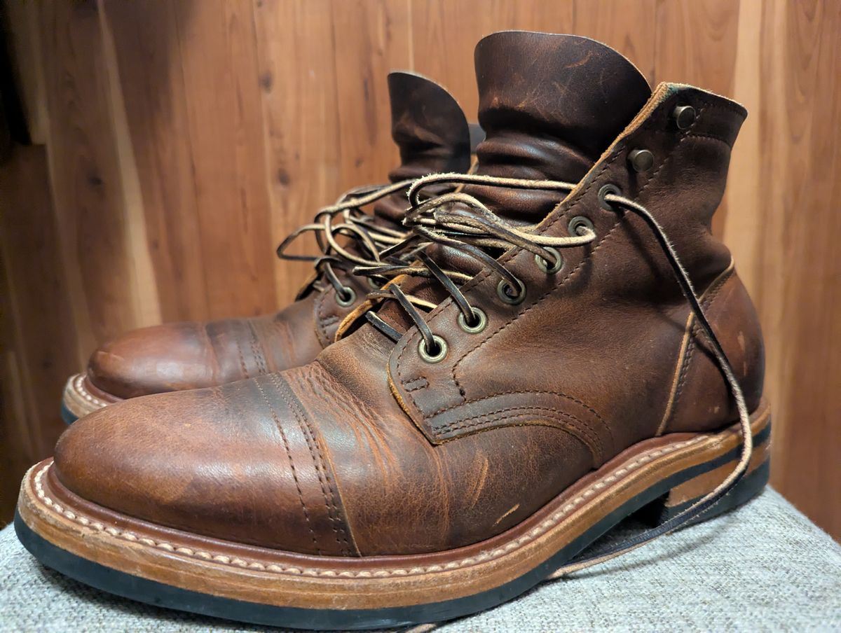 Photo by crich on December 12, 2025 of the Truman Cap Toe Boot in Tobacco Snakebite.