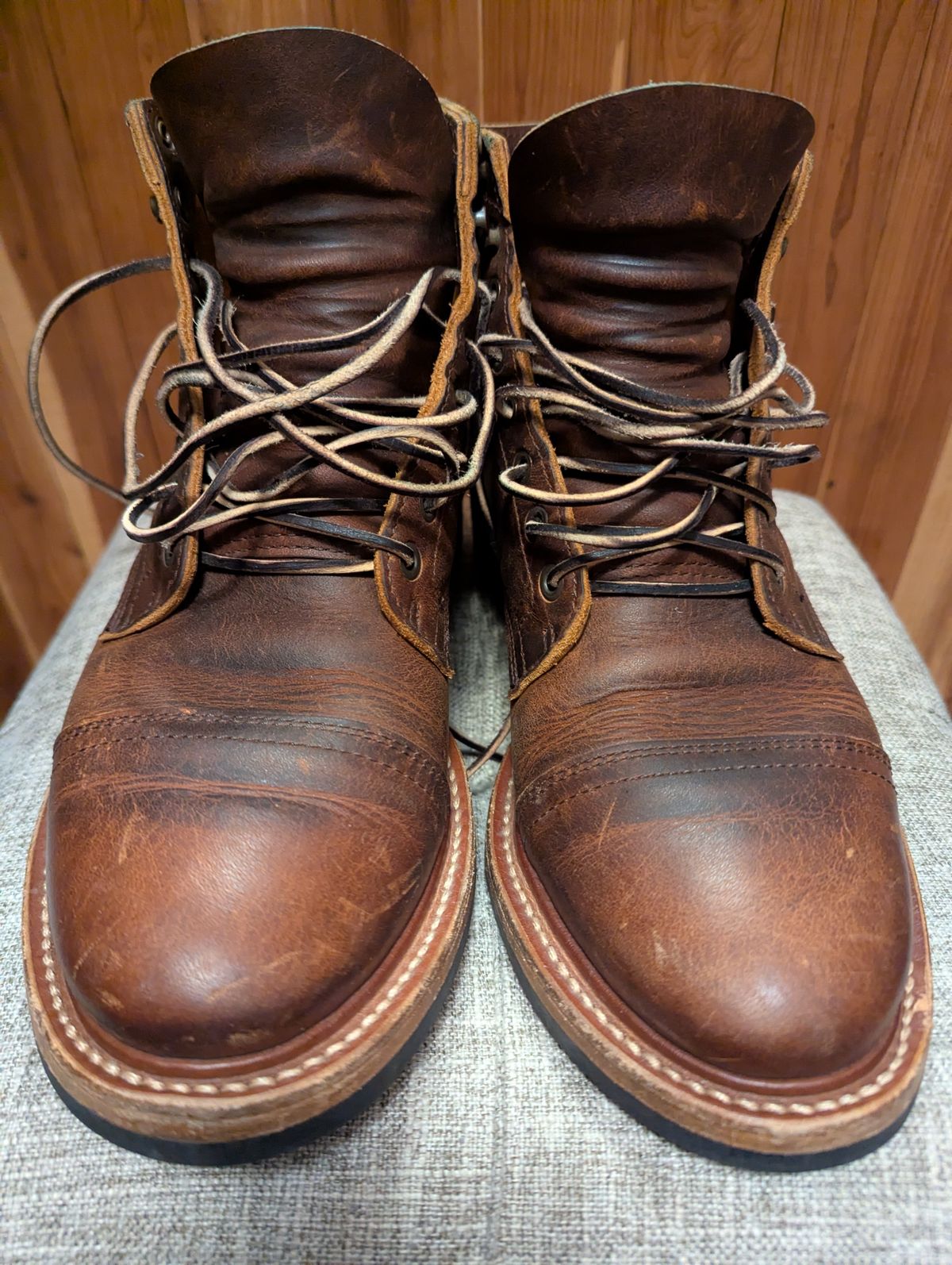 Photo by crich on December 12, 2025 of the Truman Cap Toe Boot in Tobacco Snakebite.
