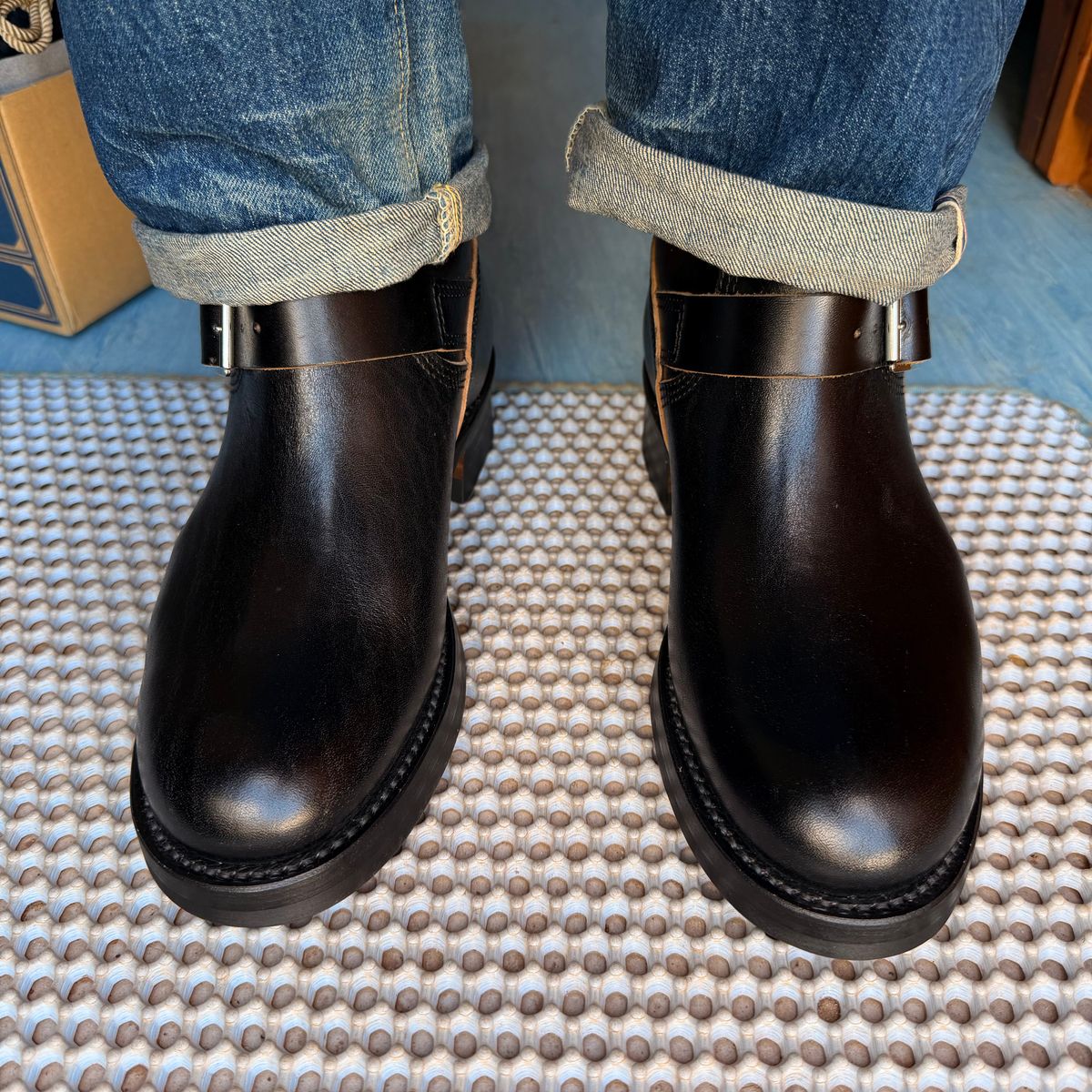 Photo by Yoyothebarber on July 6, 2026 of the John Lofgren Wabash Engineer Boots in shinki hikaku.