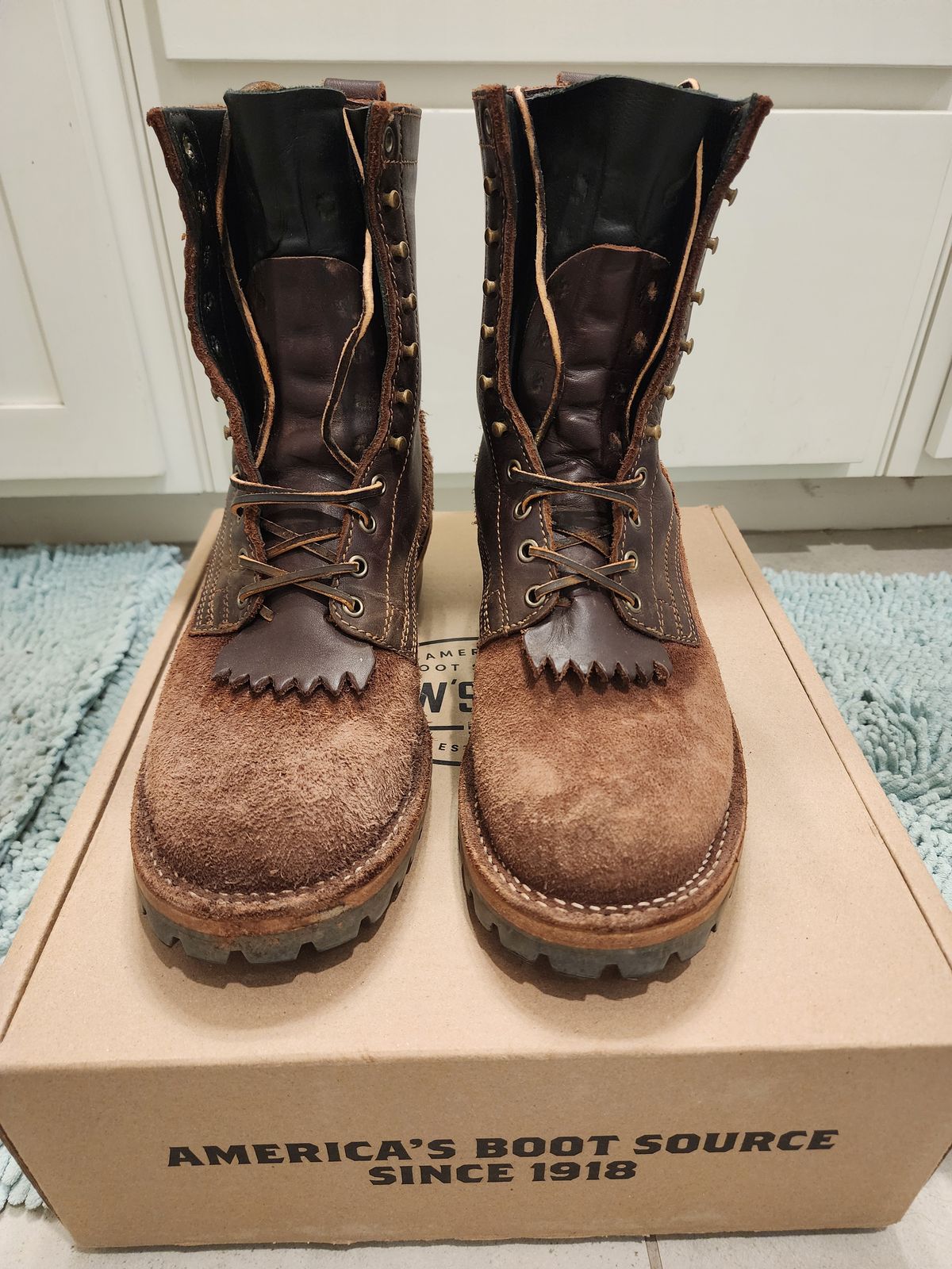 Photo by Randomlurker541 on November 3, 2024 of the Drew's Boots 8-Inch Logger in Brown Combo.