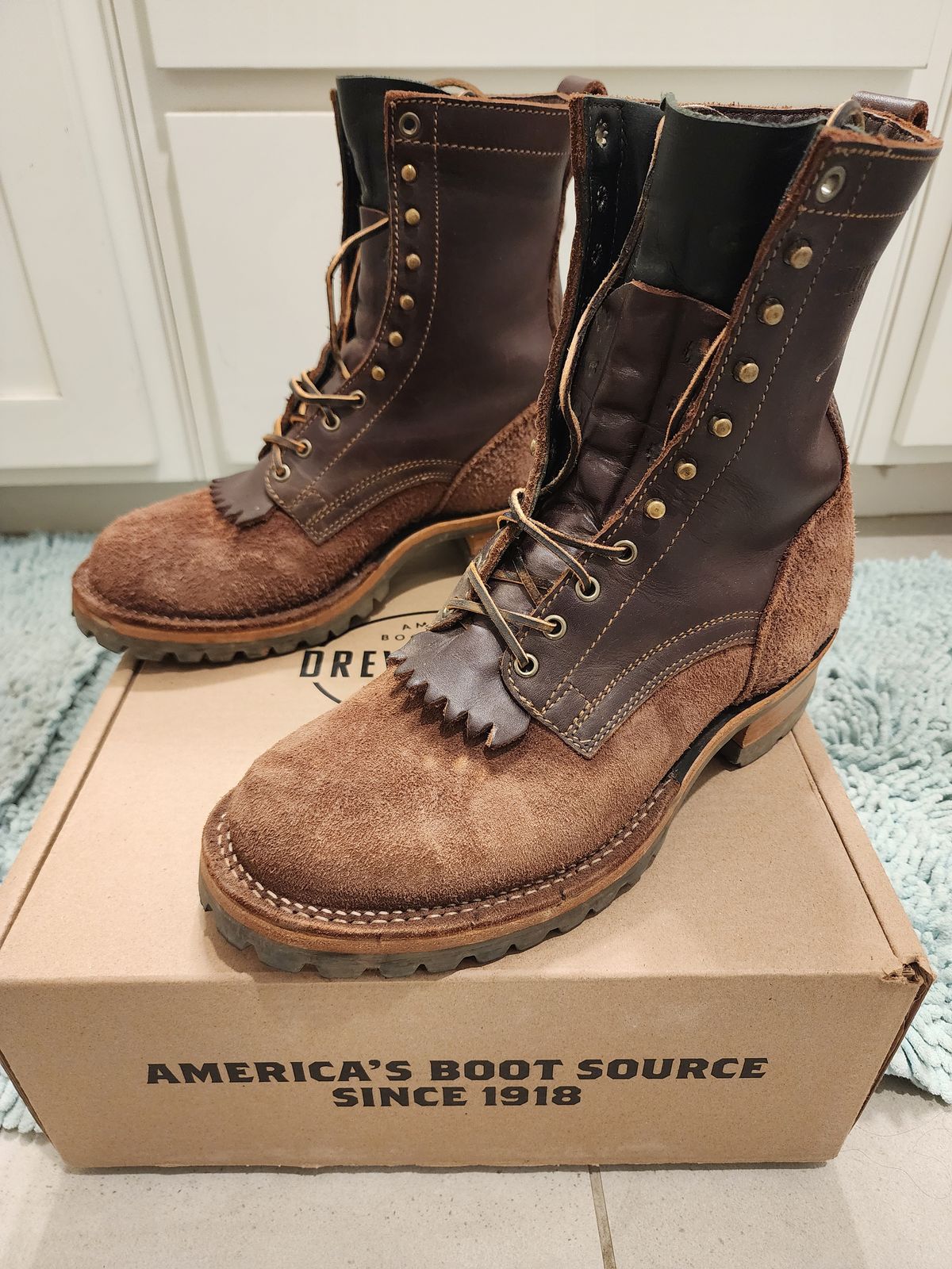 Photo by Randomlurker541 on November 3, 2024 of the Drew's Boots 8-Inch Logger in Brown Combo.