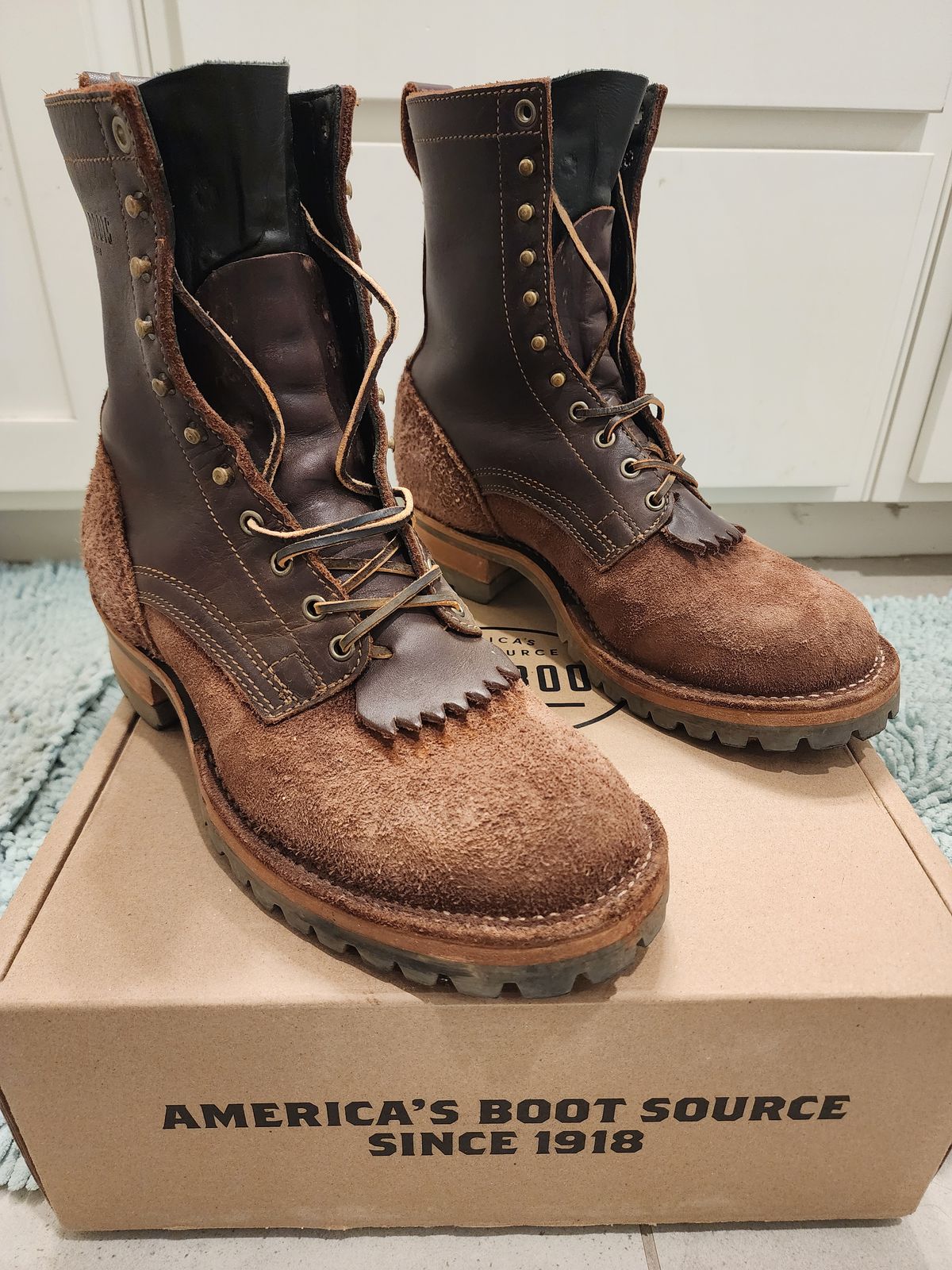 Photo by Randomlurker541 on November 3, 2024 of the Drew's Boots 8-Inch Logger in Brown Combo.