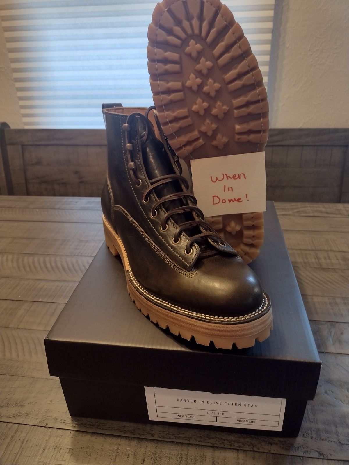 Photo by BootedBrewer on November 1, 2024 of the Caswell Boot Company Carver in Gallun Olive Teton Stag.