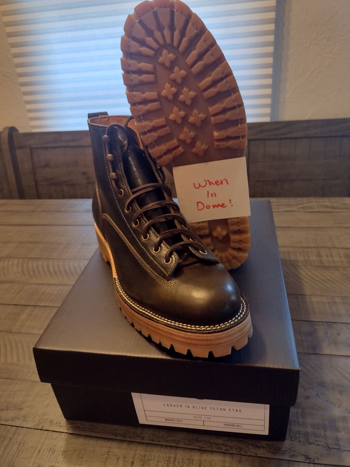 Photo by BootedBrewer on November 1, 2024 of the Caswell Boot Company Carver in Gallun Olive Teton Stag.