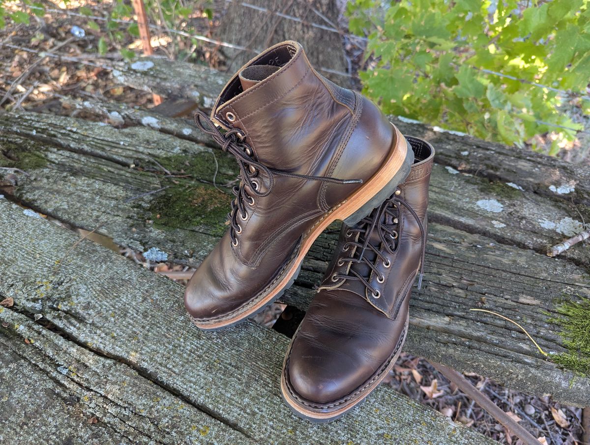 Photo by ABlazinBlueToe on October 5, 2025 of the White's MP-Sherman Plain Toe in Horween Brown Chromexcel.
