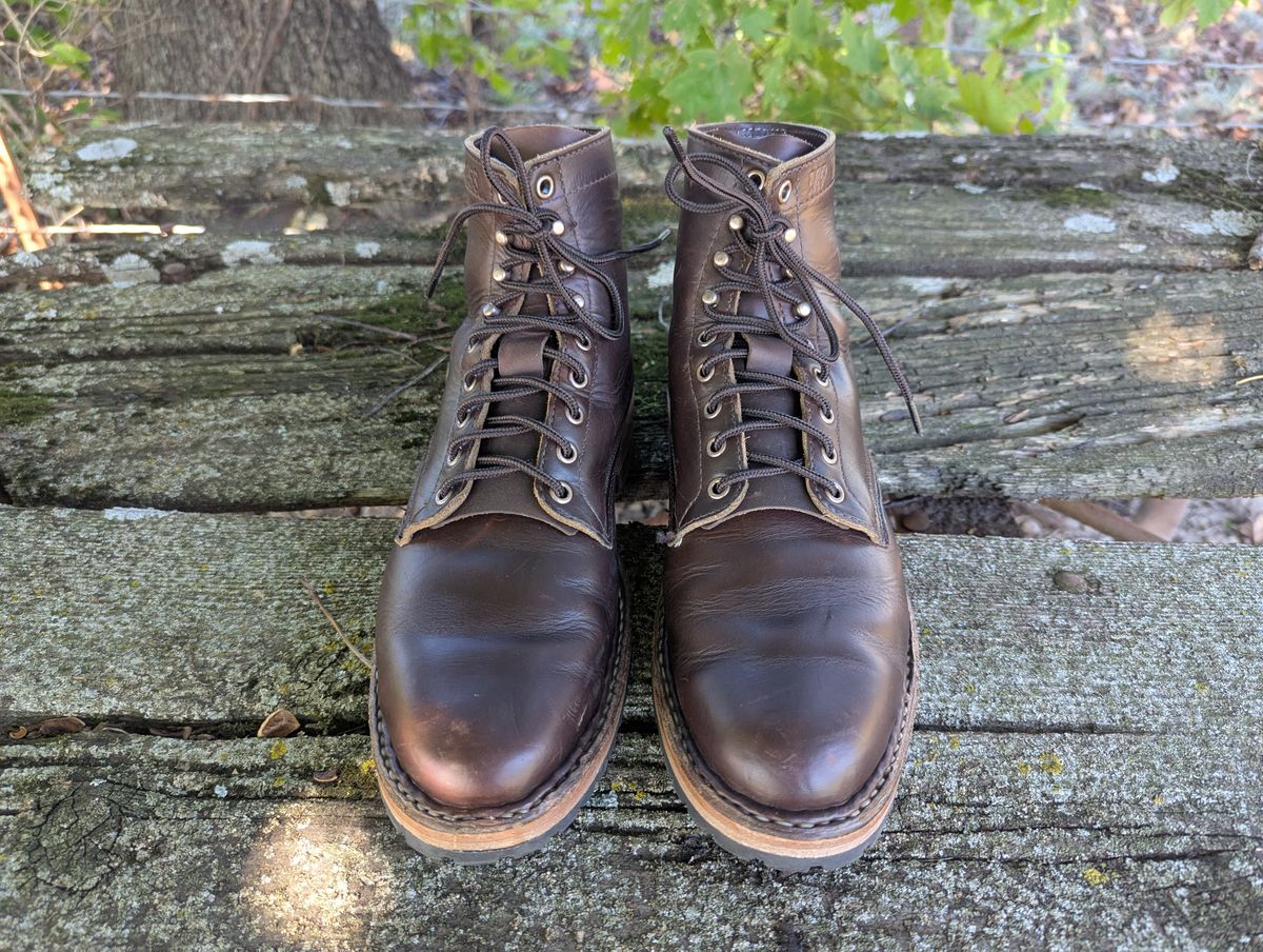 Photo by ABlazinBlueToe on October 5, 2025 of the White's MP-Sherman Plain Toe in Horween Brown Chromexcel.