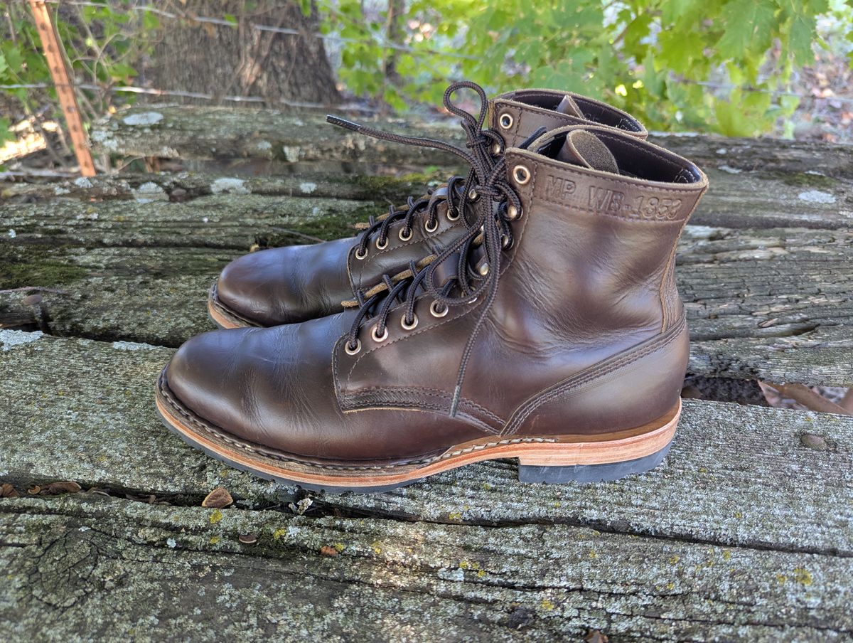 Photo by ABlazinBlueToe on October 5, 2025 of the White's MP-Sherman Plain Toe in Horween Brown Chromexcel.