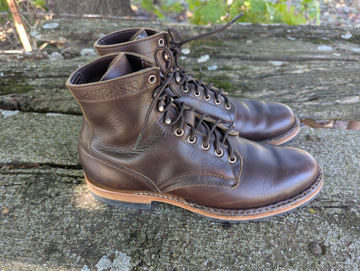 Photo by ABlazinBlueToe on October 5, 2025 of the White's MP-Sherman Plain Toe in Horween Brown Chromexcel.
