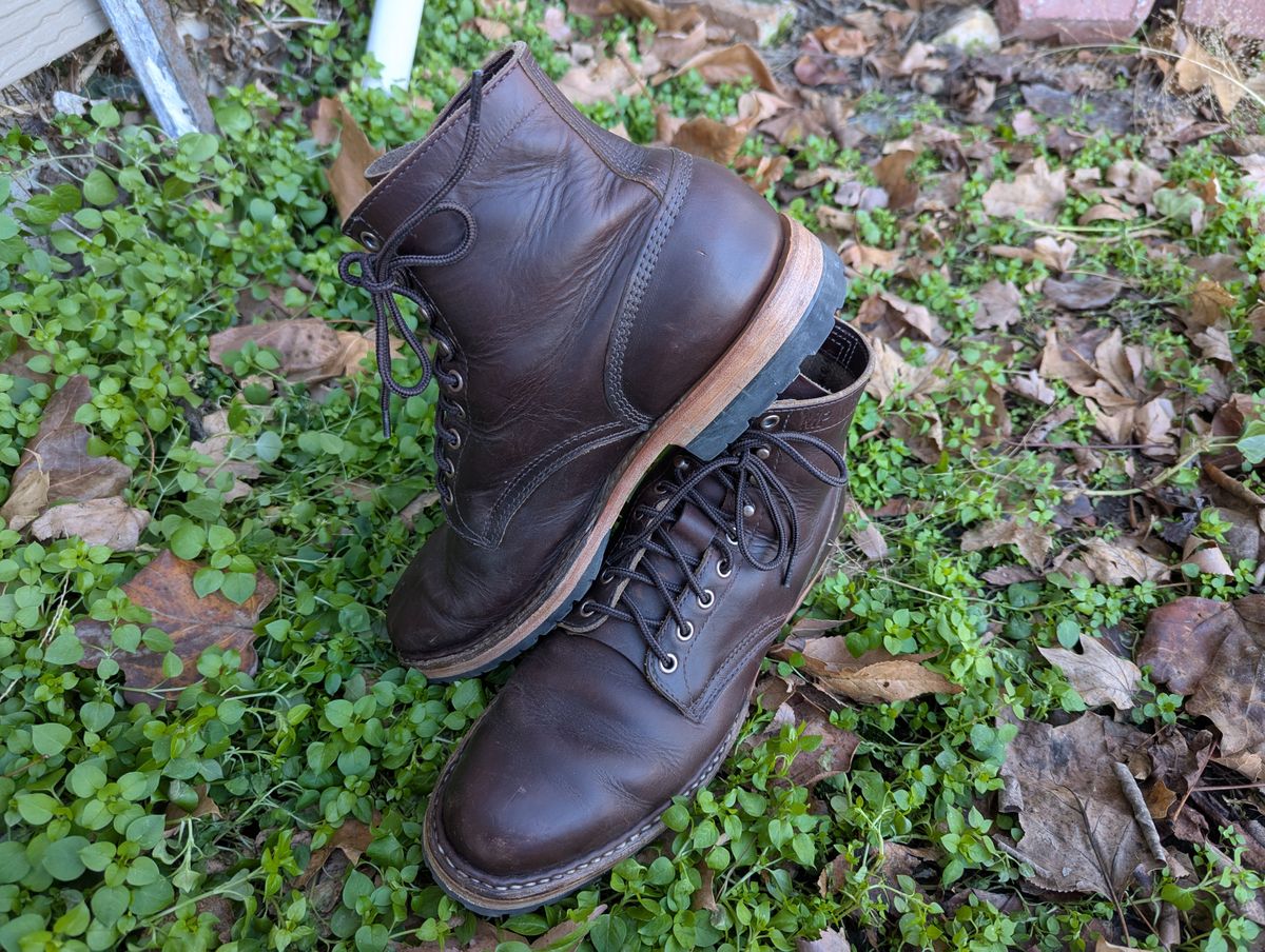 Photo by ABlazinBlueToe on December 5, 2025 of the White's MP-Sherman Plain Toe in Horween Brown Chromexcel.