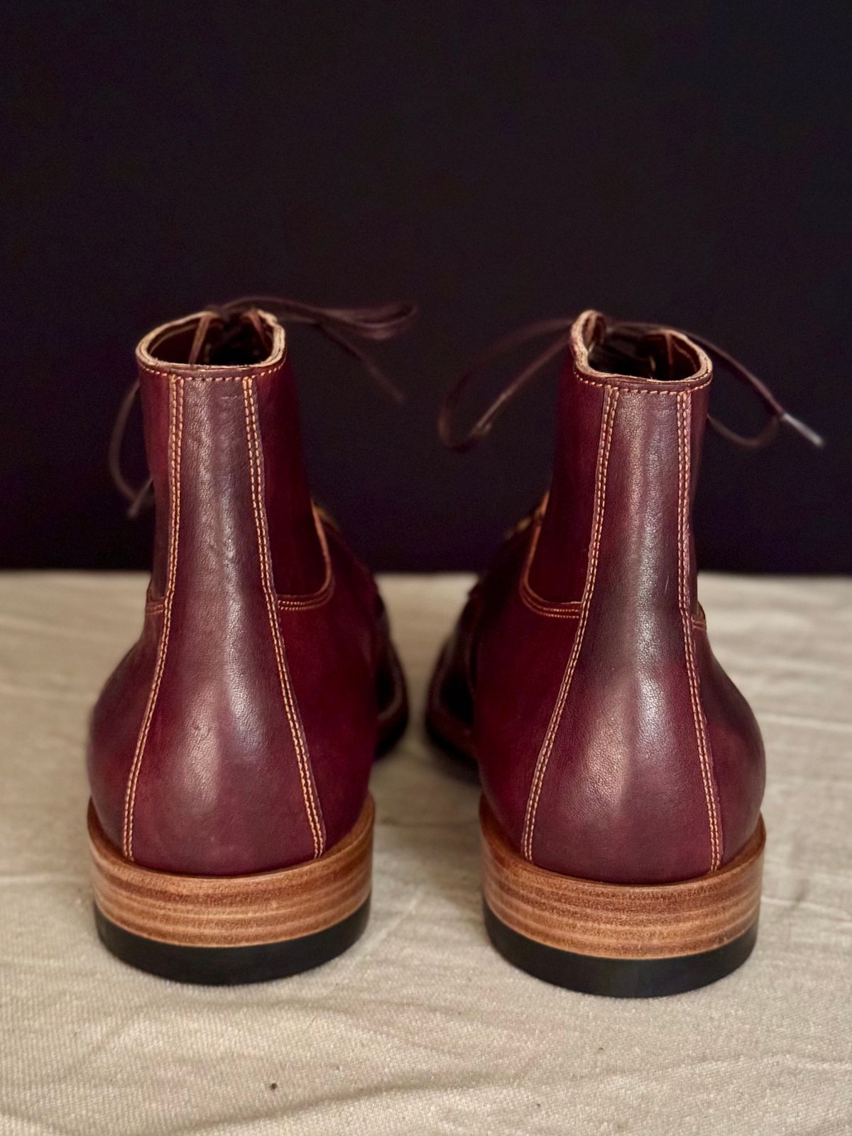 Photo by archwild on November 5, 2025 of the Østmo X Iron Boots Type 1 in Hand-Dyed Burgundy Maryam Washed Horsehide.