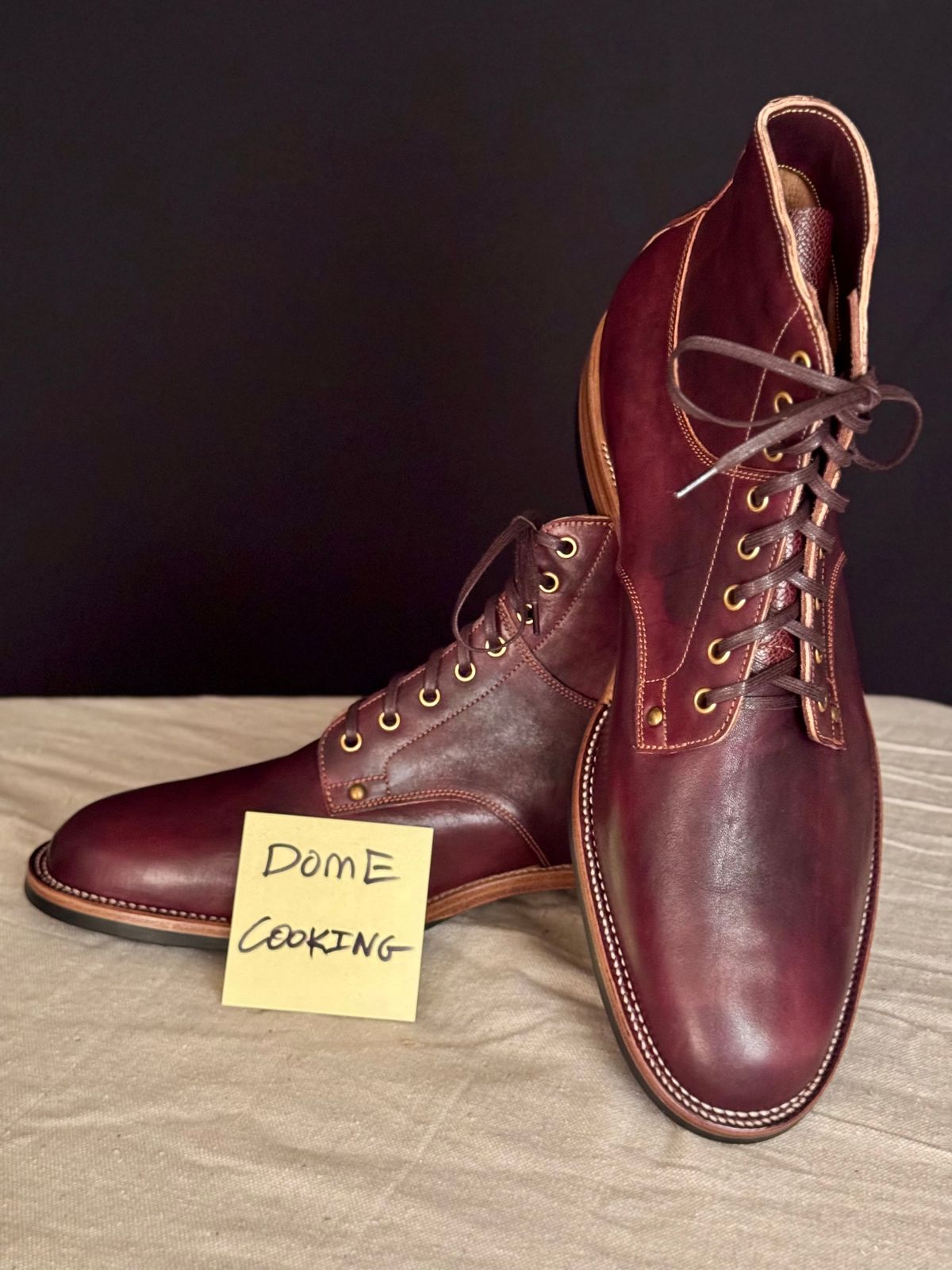 Photo by archwild on November 6, 2025 of the Østmo X Iron Boots Type 1 in Hand-Dyed Burgundy Maryam Washed Horsehide.