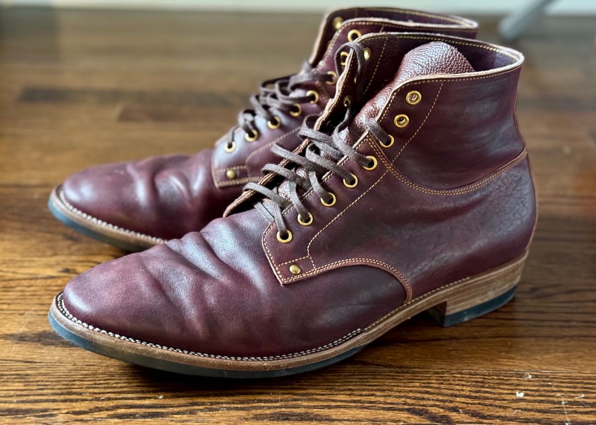 Photo by archwild on November 22, 2025 of the Østmo X Iron Boots Type 1 in Hand-Dyed Burgundy Maryam Washed Horsehide.