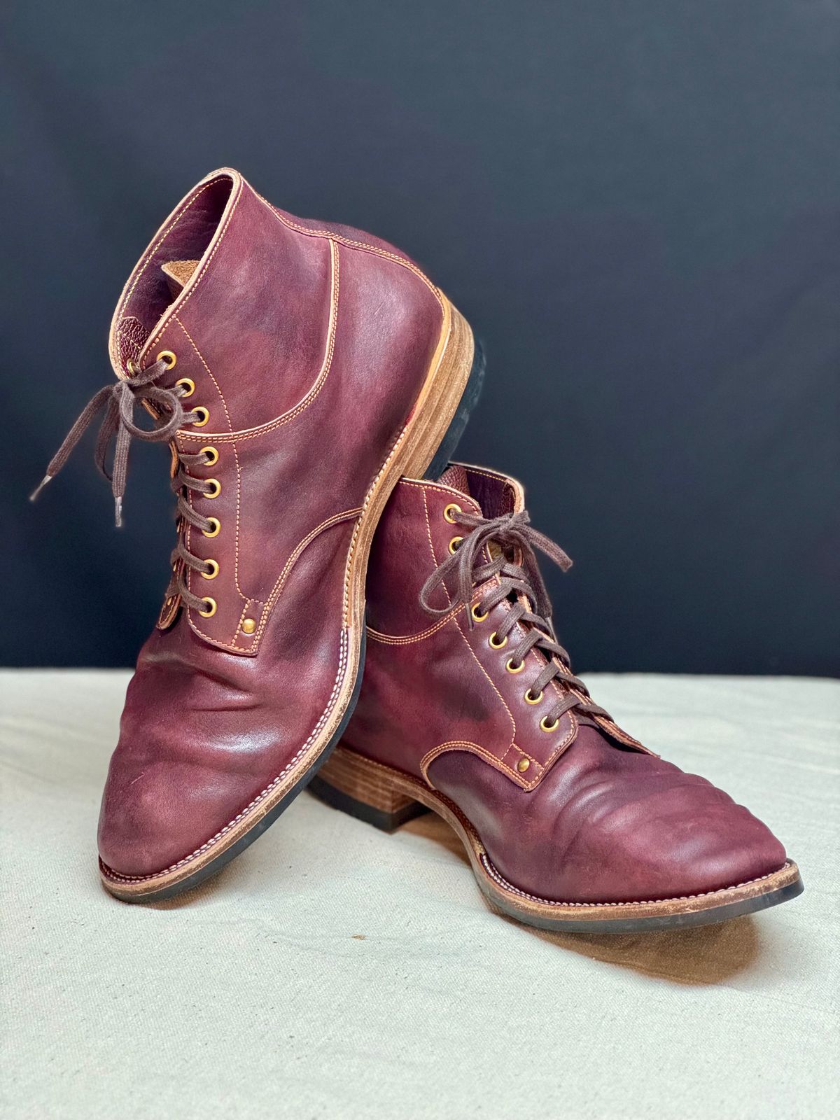Photo by archwild on December 1, 2025 of the Østmo X Iron Boots Type 1 in Hand-Dyed Burgundy Maryam Washed Horsehide.