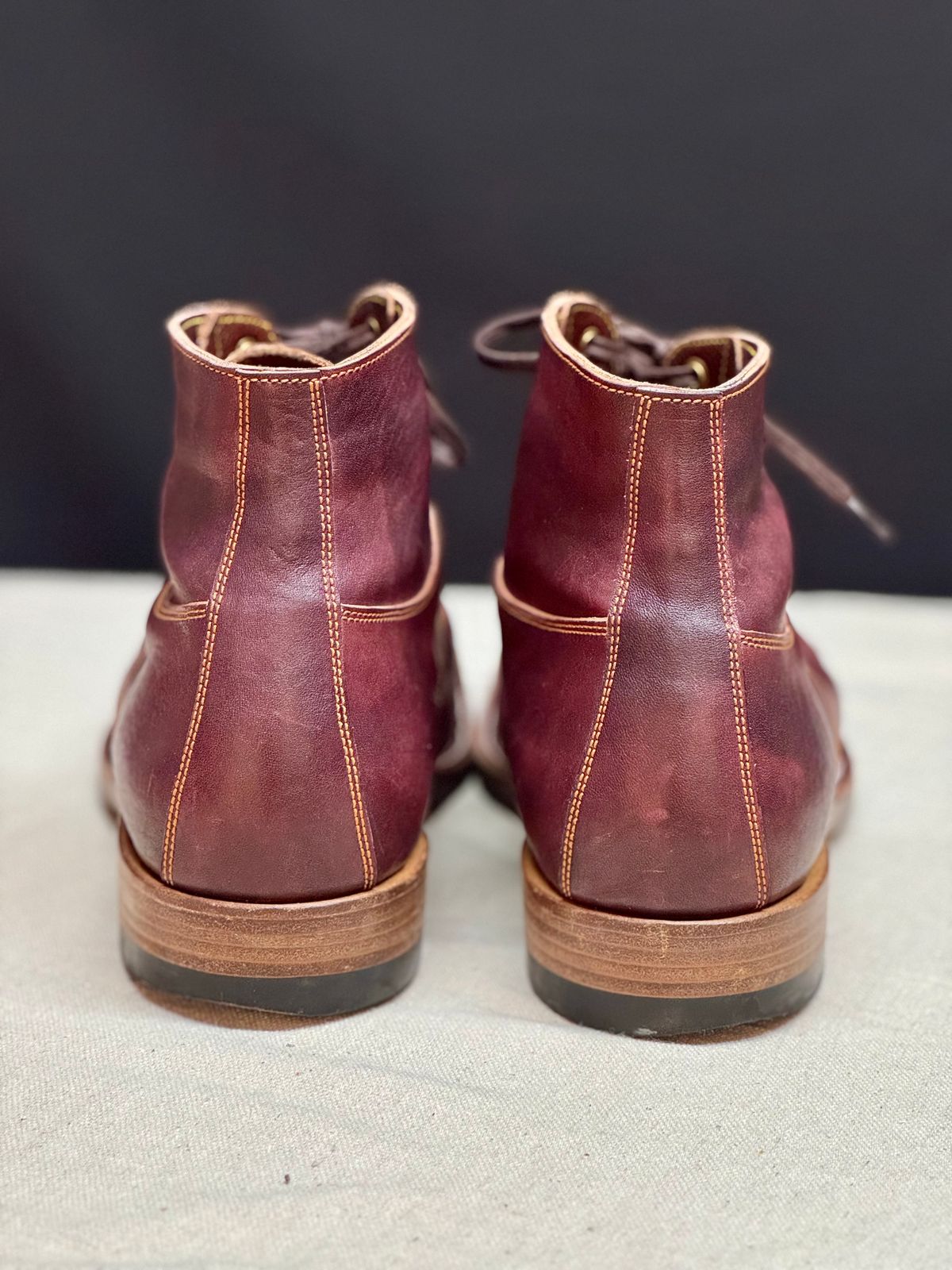 Photo by archwild on December 1, 2025 of the Østmo X Iron Boots Type 1 in Hand-Dyed Burgundy Maryam Washed Horsehide.