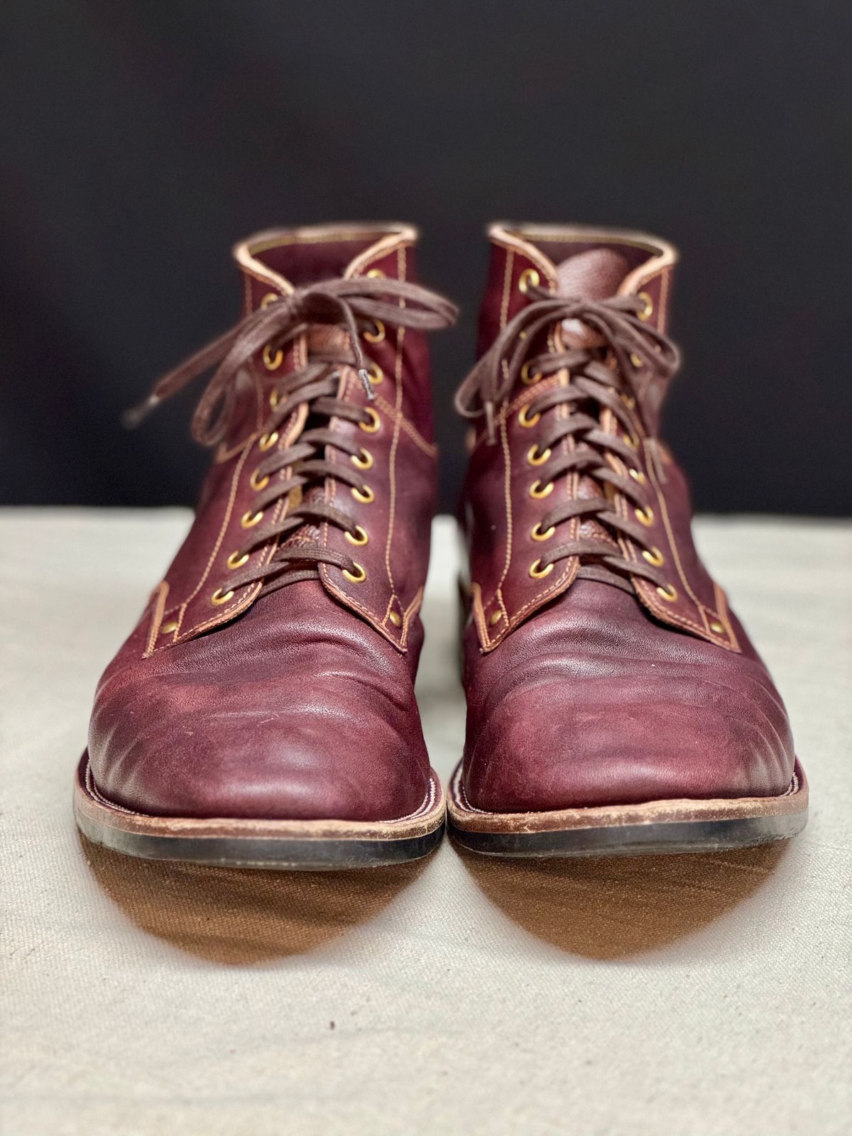 Photo by archwild on December 1, 2025 of the Østmo X Iron Boots Type 1 in Hand-Dyed Burgundy Maryam Washed Horsehide.