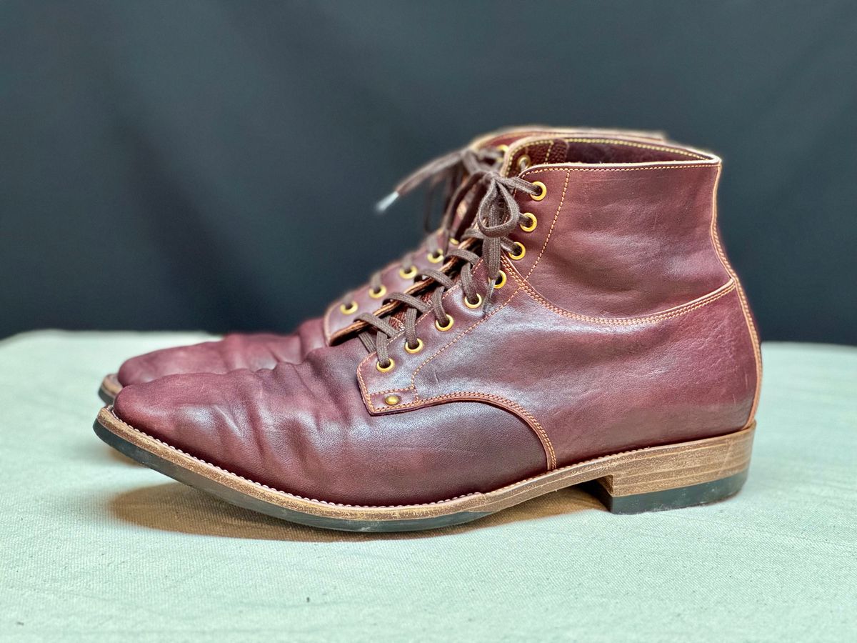 Photo by archwild on December 1, 2025 of the Østmo X Iron Boots Type 1 in Hand-Dyed Burgundy Maryam Washed Horsehide.