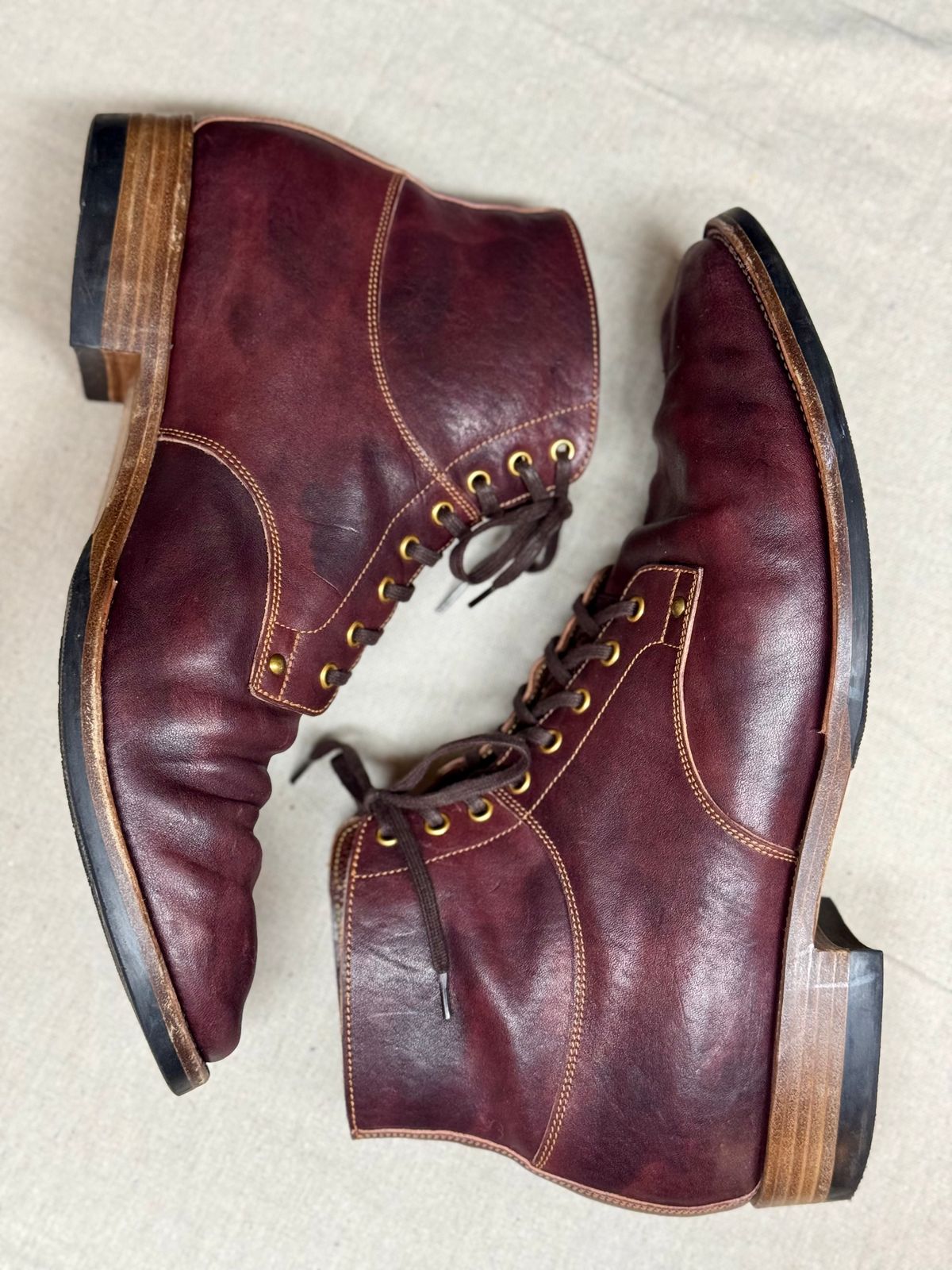 Photo by archwild on December 1, 2025 of the Østmo X Iron Boots Type 1 in Hand-Dyed Burgundy Maryam Washed Horsehide.