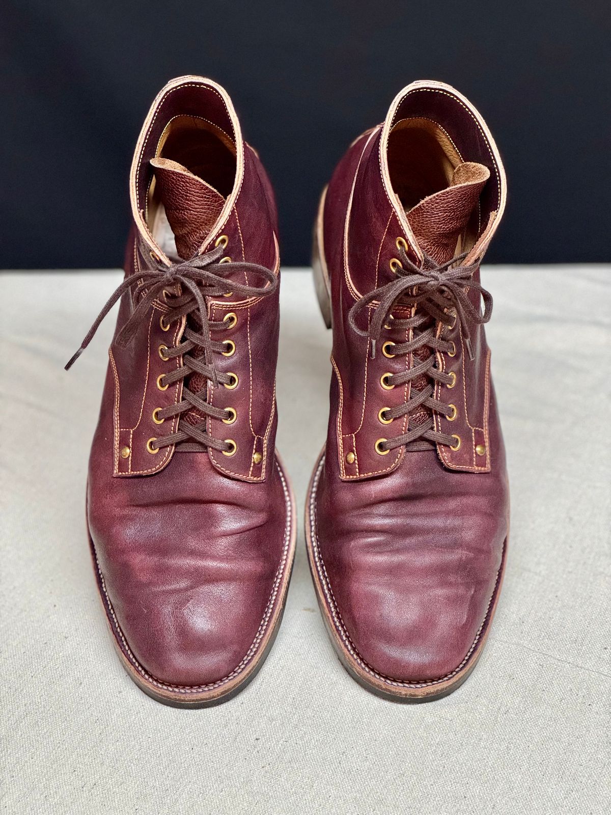 Photo by archwild on December 1, 2025 of the Østmo X Iron Boots Type 1 in Hand-Dyed Burgundy Maryam Washed Horsehide.