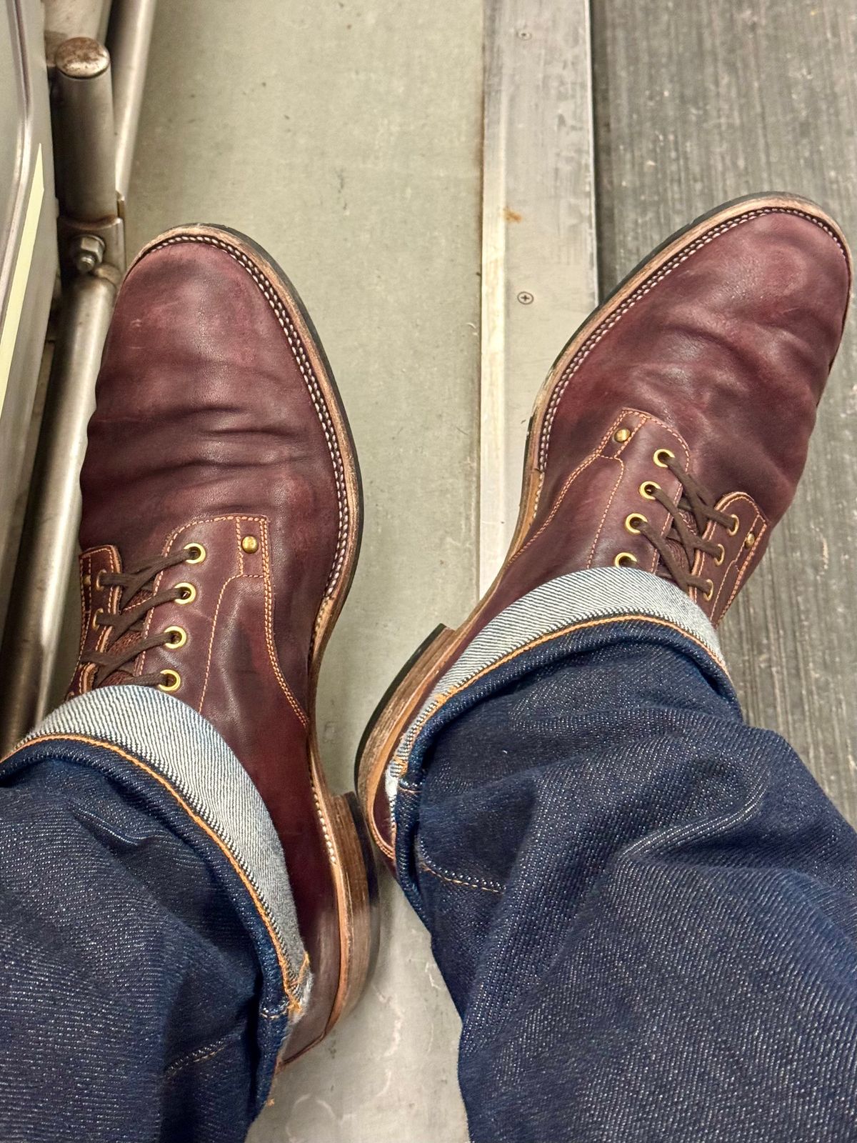 Photo by archwild on December 16, 2025 of the Østmo X Iron Boots Type 1 in Hand-Dyed Burgundy Maryam Washed Horsehide.