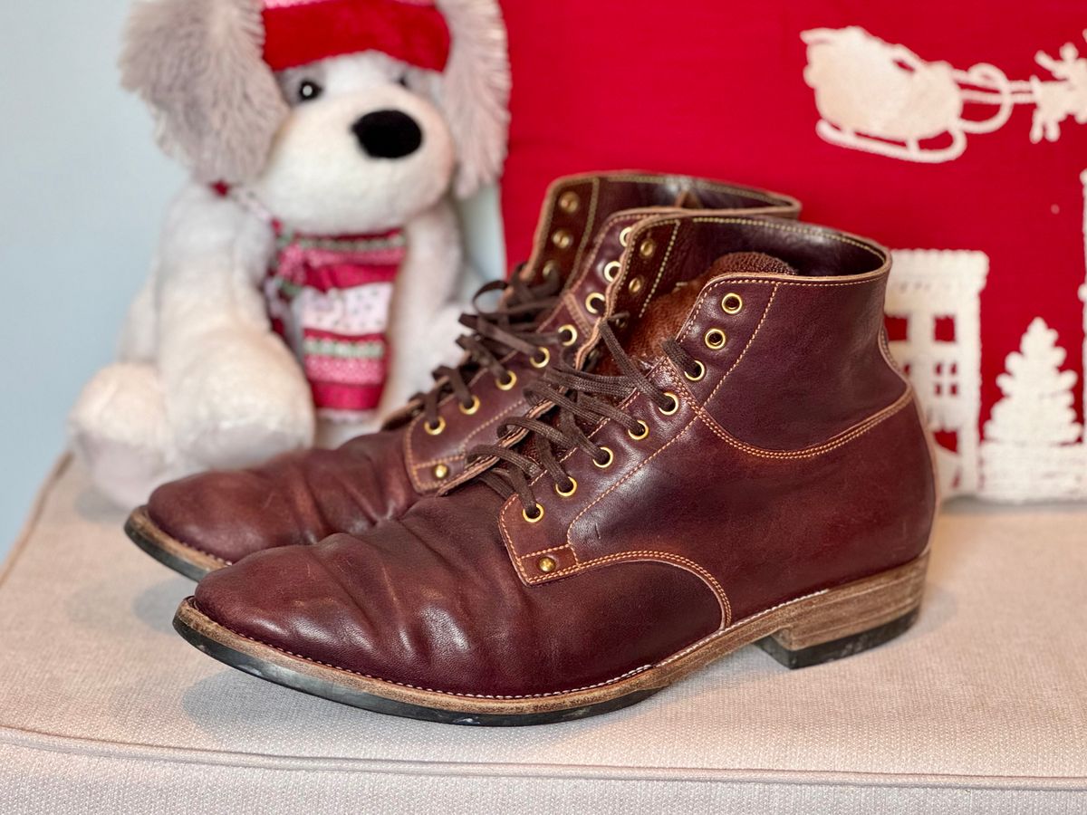 Photo by archwild on December 24, 2025 of the Østmo X Iron Boots Type 1 in Hand-Dyed Burgundy Maryam Washed Horsehide.