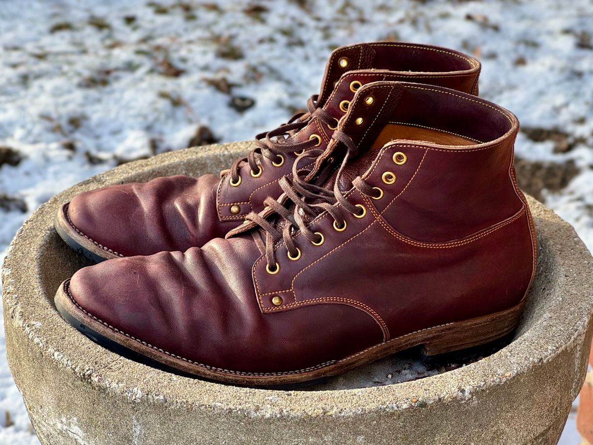 Photo by archwild on January 4, 2026 of the Østmo X Iron Boots Type 1 in Hand-Dyed Burgundy Maryam Washed Horsehide.