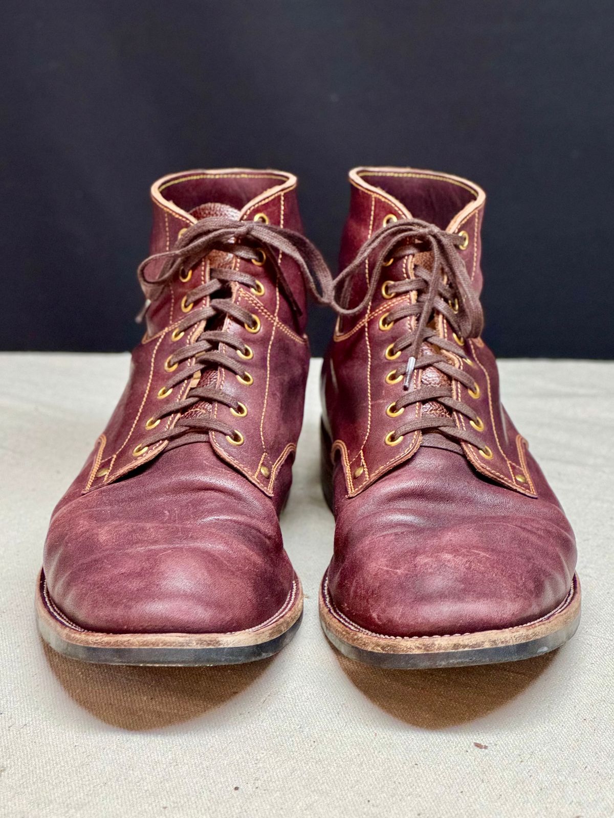 Photo by archwild on January 4, 2026 of the Østmo X Iron Boots Type 1 in Hand-Dyed Burgundy Maryam Washed Horsehide.