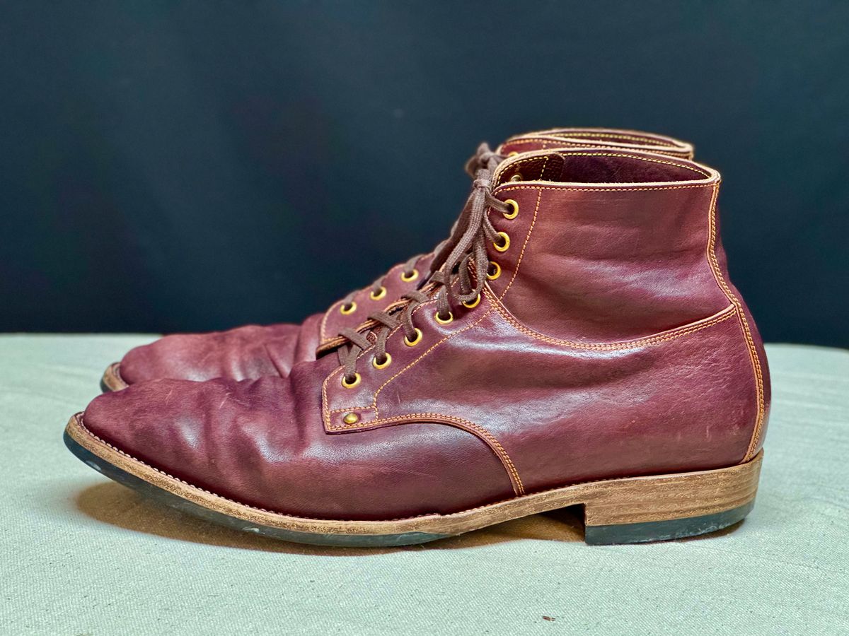 Photo by archwild on January 4, 2026 of the Østmo X Iron Boots Type 1 in Hand-Dyed Burgundy Maryam Washed Horsehide.