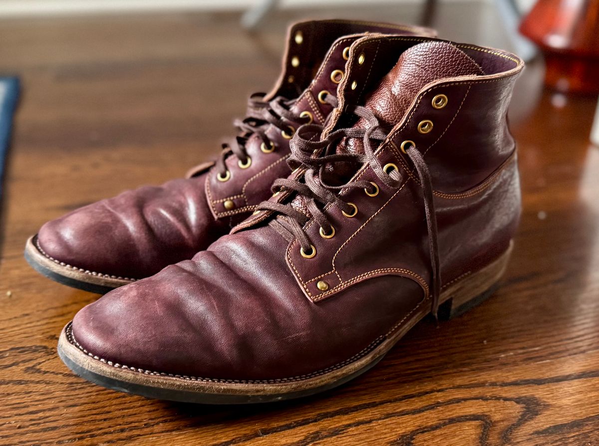 Photo by archwild on January 11, 2026 of the Østmo X Iron Boots Type 1 in Hand-Dyed Burgundy Maryam Washed Horsehide.