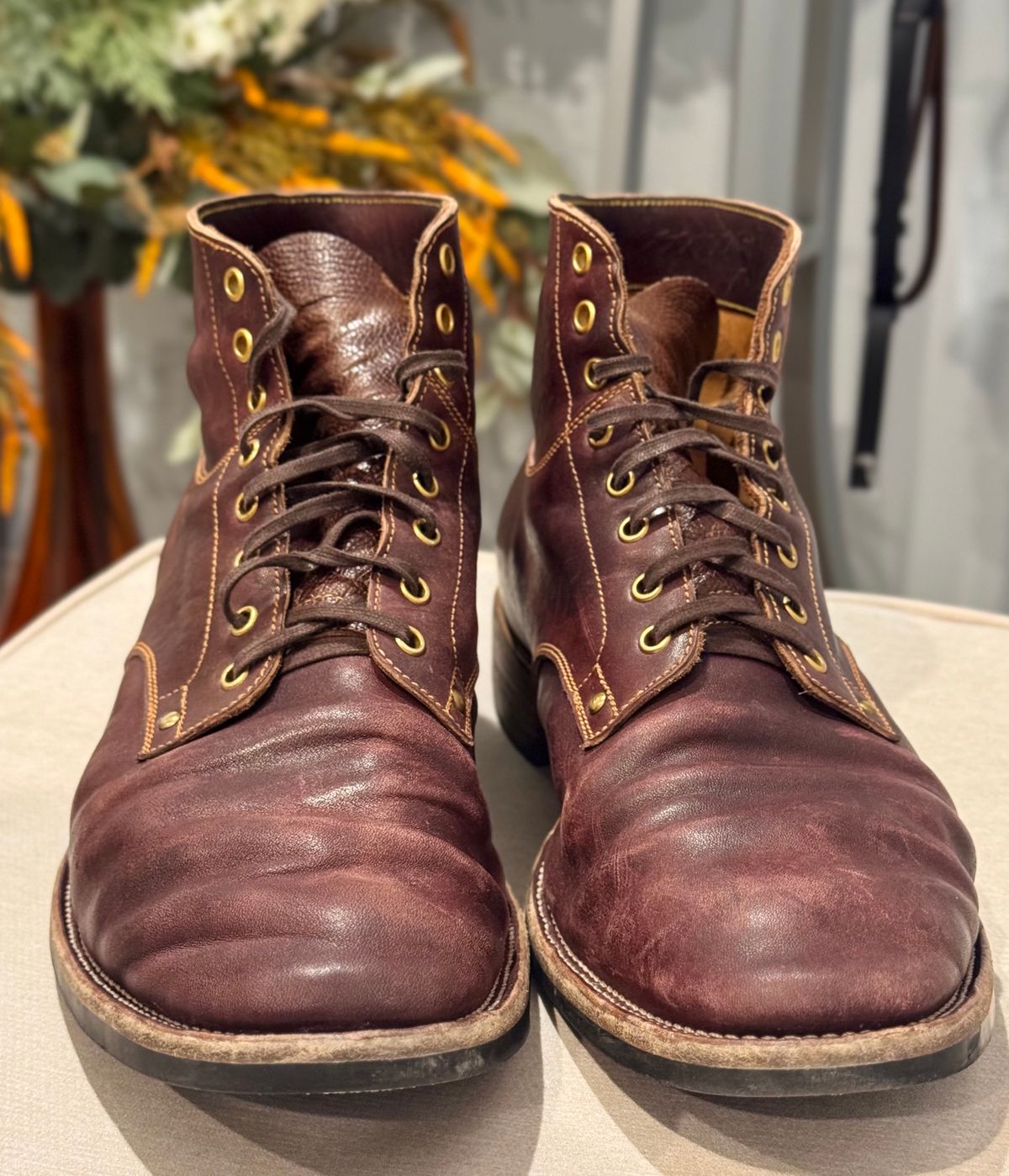 Photo by archwild on January 28, 2026 of the Østmo X Iron Boots Type 1 in Hand-Dyed Burgundy Maryam Washed Horsehide.