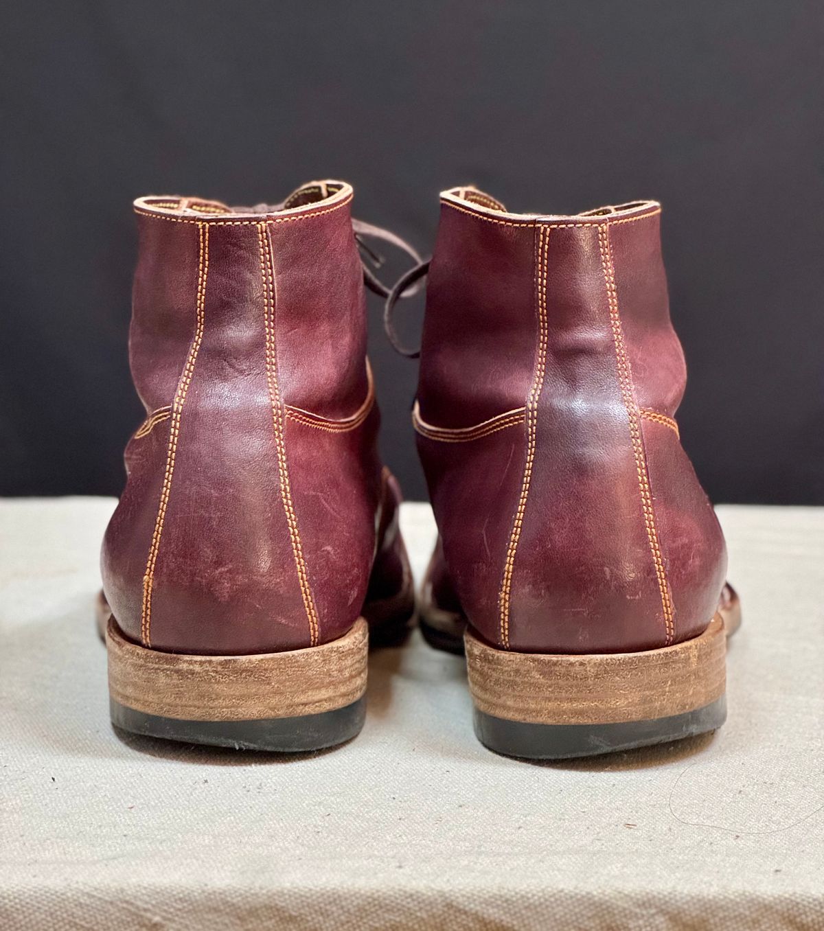 Photo by archwild on January 31, 2026 of the Østmo X Iron Boots Type 1 in Hand-Dyed Burgundy Maryam Washed Horsehide.